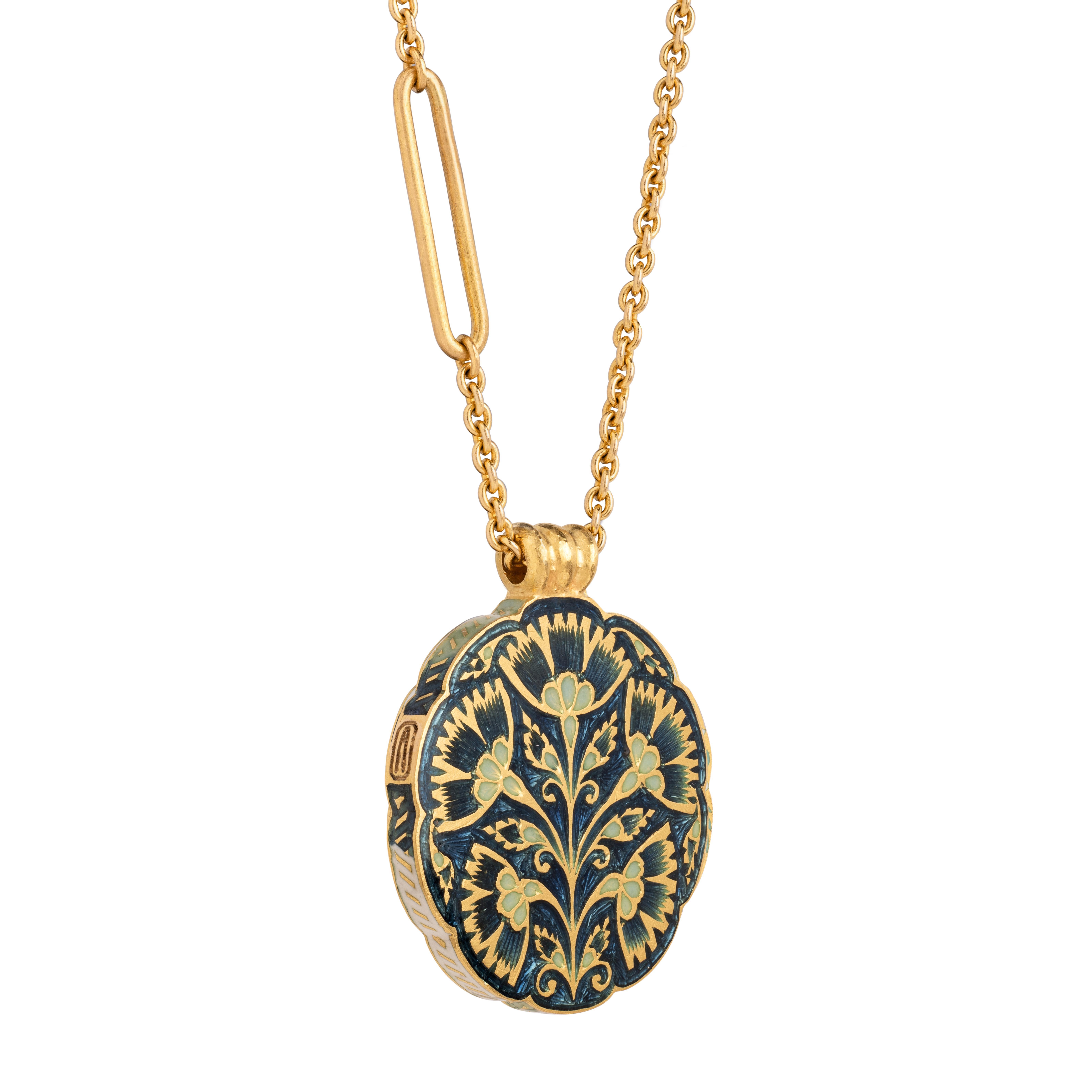 Artisan 22K Gold and Blue and Green Floral Enamel Pendant Necklace Handmade by Agaro For Sale