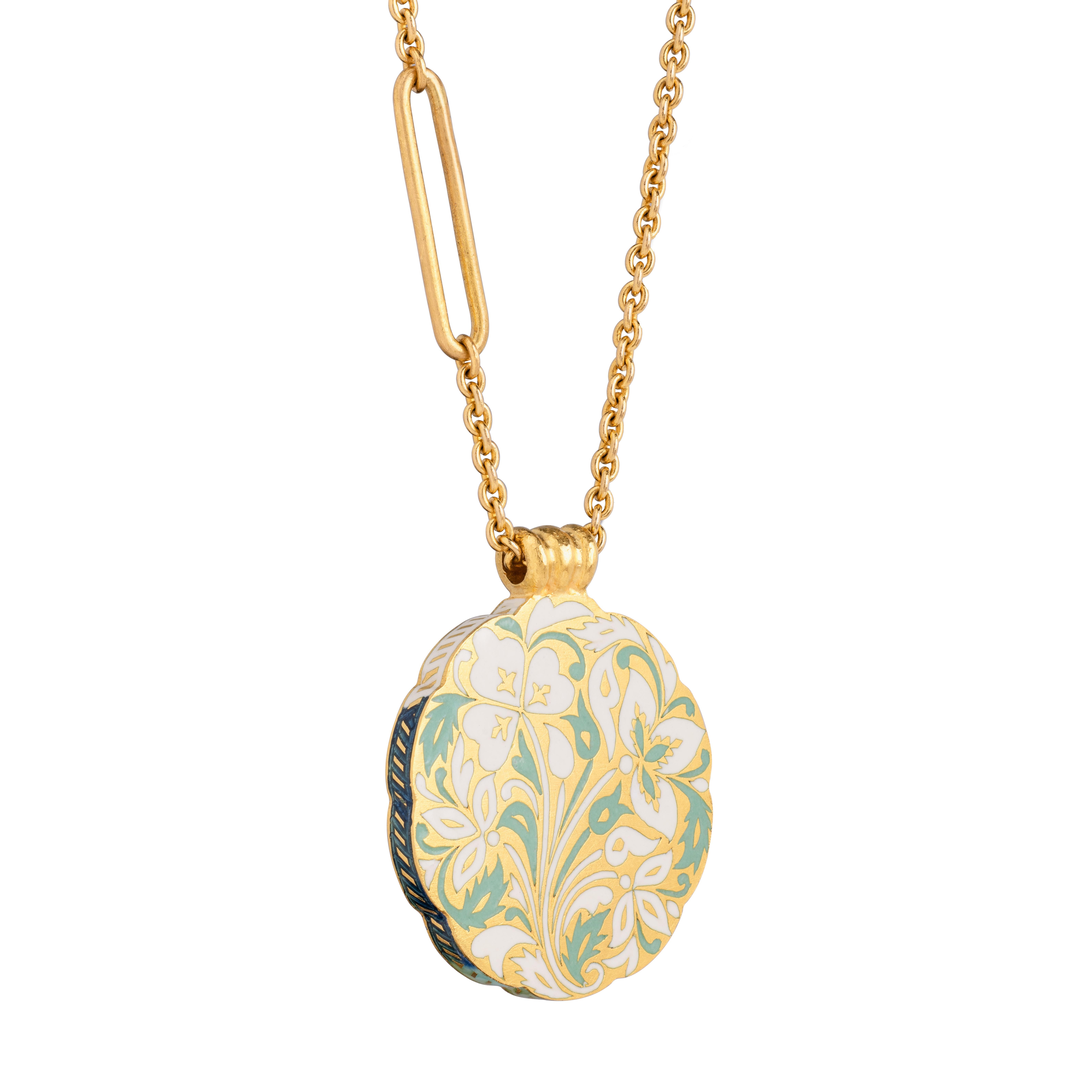 22K Gold and Blue and Green Floral Enamel Pendant Necklace Handmade by Agaro In New Condition For Sale In New York, NY