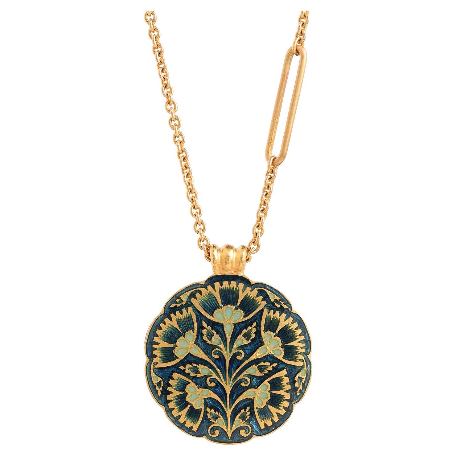 Women's or Men's 22K Gold and Blue and Green Floral Enamel Pendant Necklace Handmade by Agaro For Sale