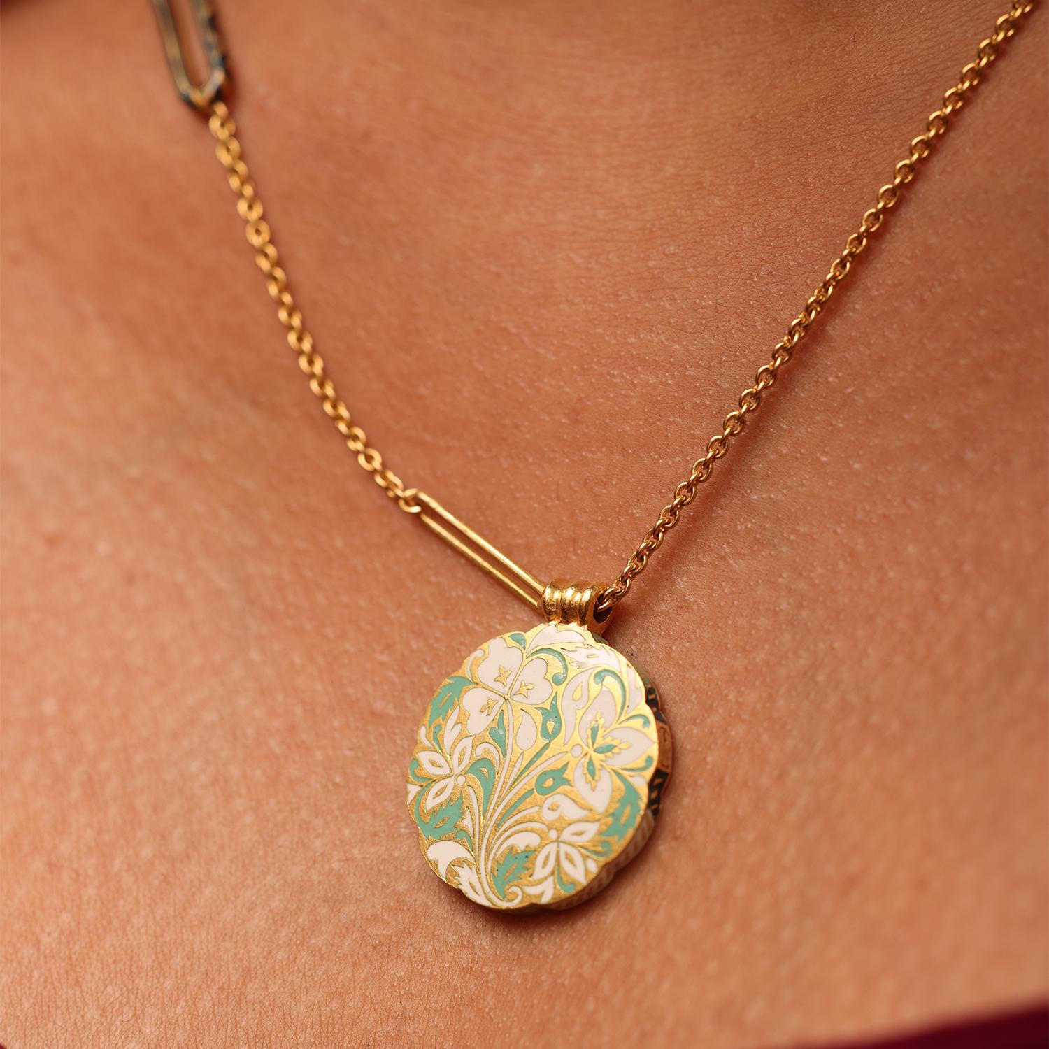 22K Gold and Blue and Green Floral Enamel Pendant Necklace Handmade by Agaro For Sale 2