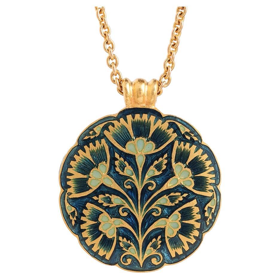 22K Gold and Blue and Green Floral Enamel Pendant Necklace Handmade by Agaro For Sale