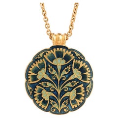 Collier pendentif en or 22 carats et émail floral bleu et vert, fabriqué à la main par Agaro
