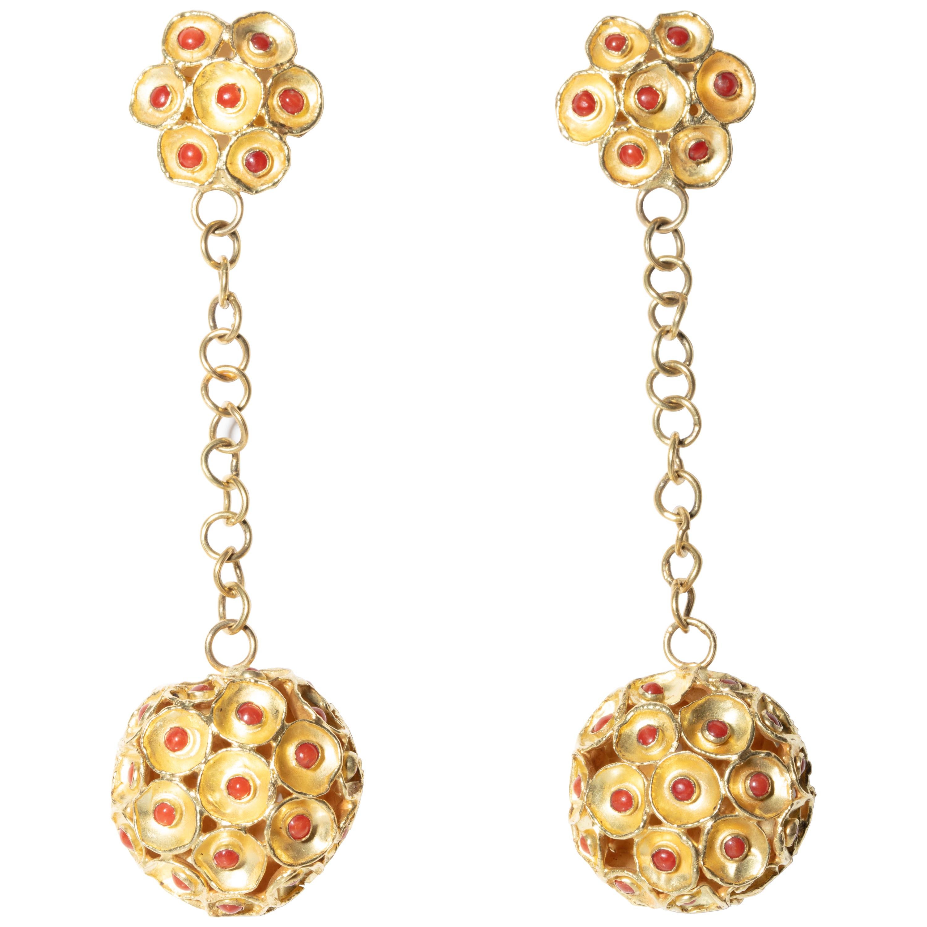 22 Karat Gold and Coral Drop Ball Chandelier Earrings For Sale