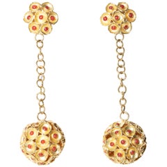 Retro 22 Karat Gold and Coral Drop Ball Chandelier Earrings