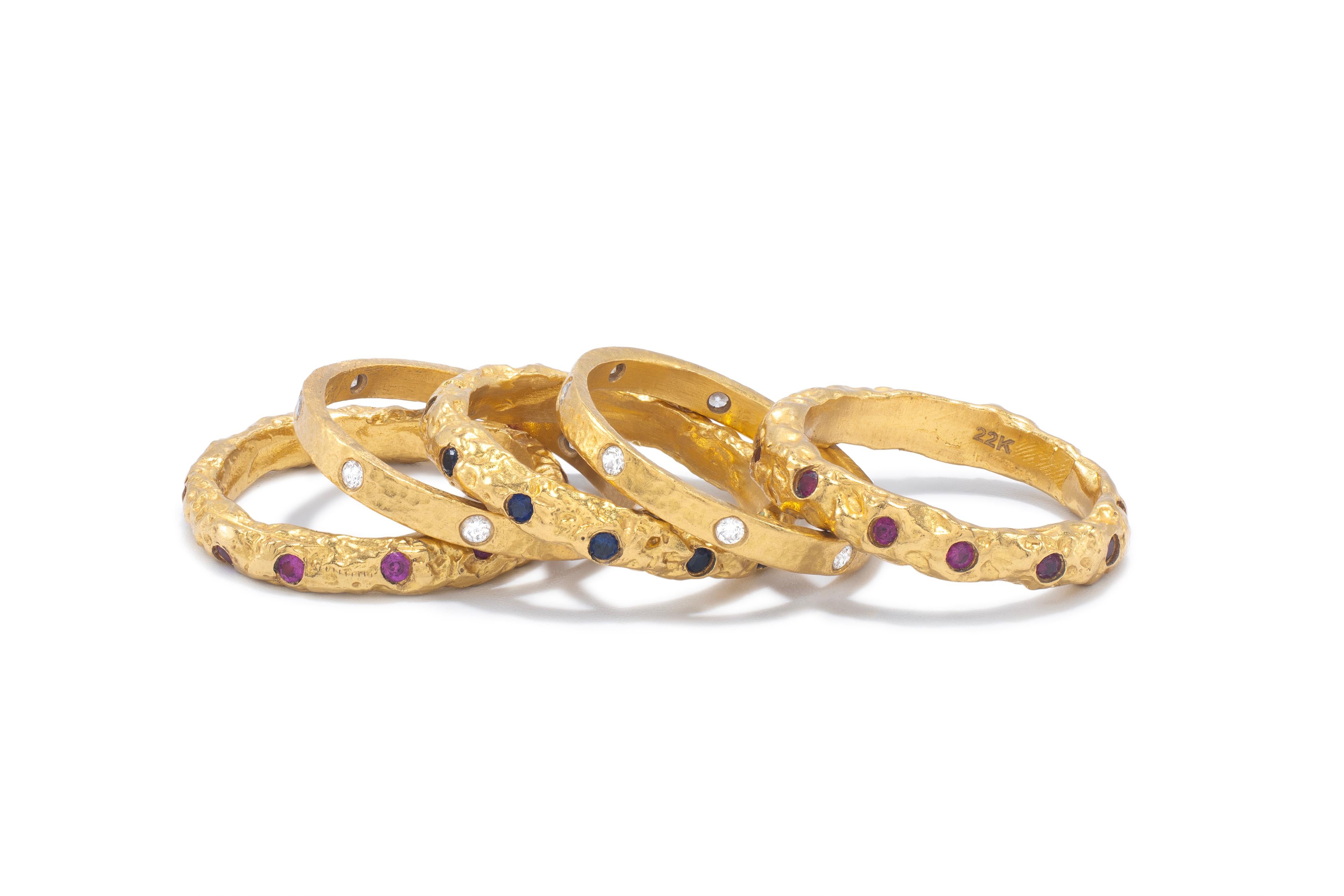 Women's 22k Gold and Diamond Hammered Stacking Rings For Sale
