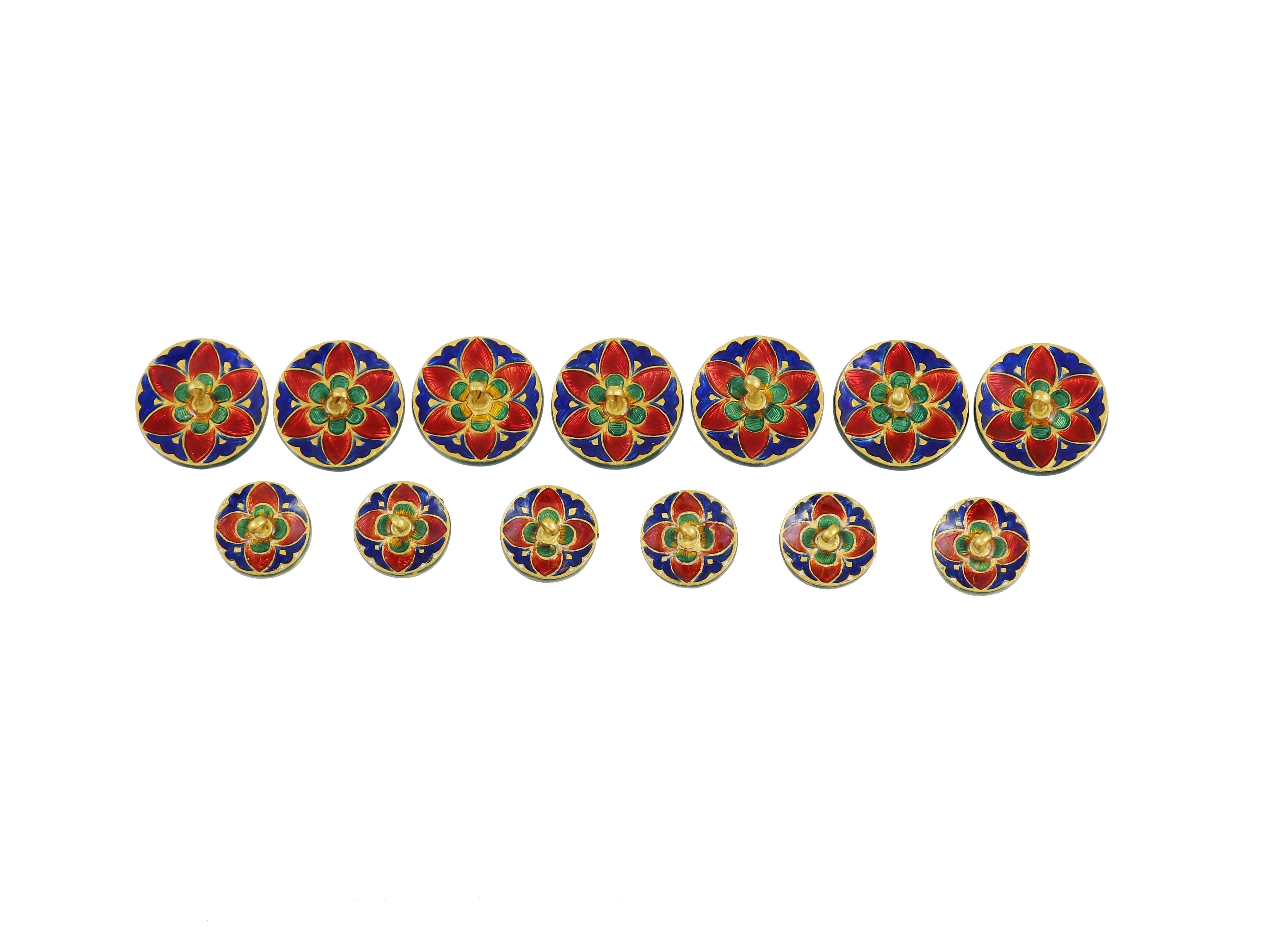 Meticulously handcrafted in 22K gold, each piece is set with natural uncut diamonds slices known as polkis in Mughal jewellery, showcasing the perfect fusion of classic and contemporary design. 

Made with a base of 22K gold these buttons are