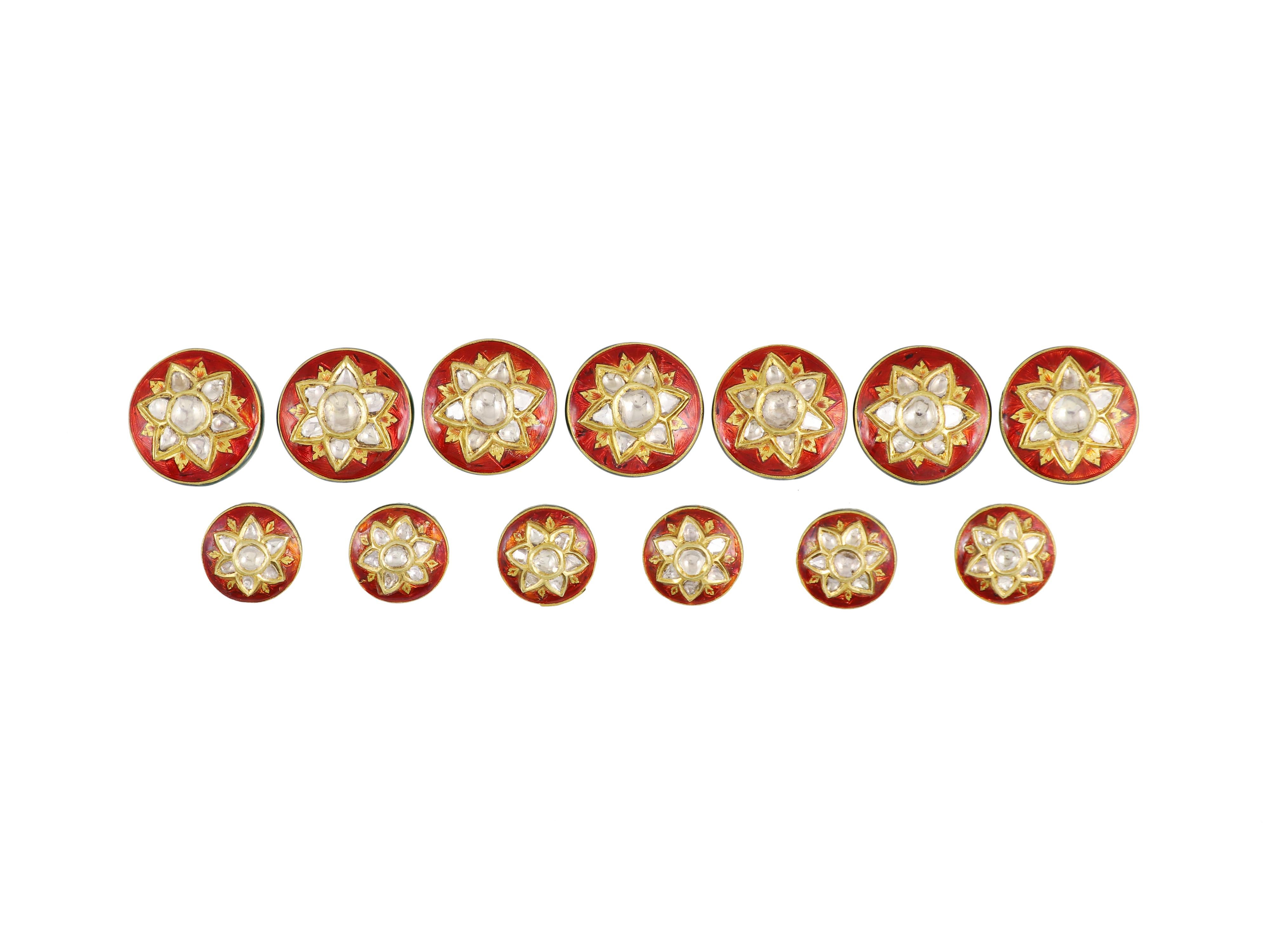 22K gold and Diamond red enamel Maharaj button set for suits, kurta and sherwani In New Condition For Sale In Bangkok,, TH
