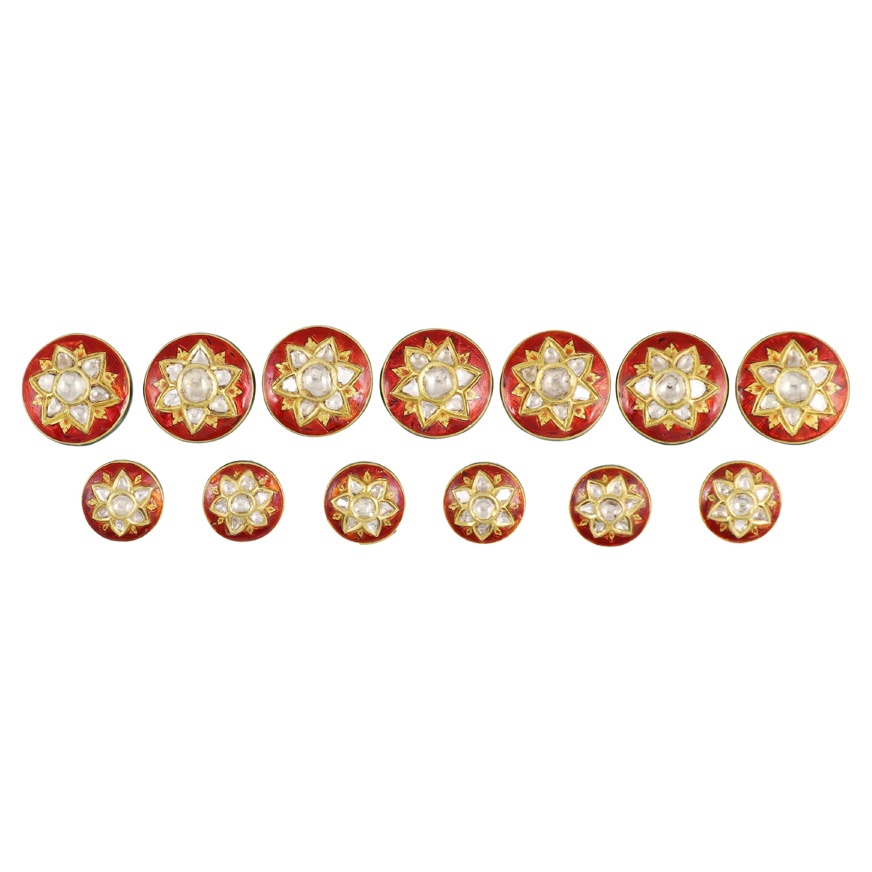 22K gold and Diamond red enamel Maharaj button set for suits, kurta and sherwani For Sale