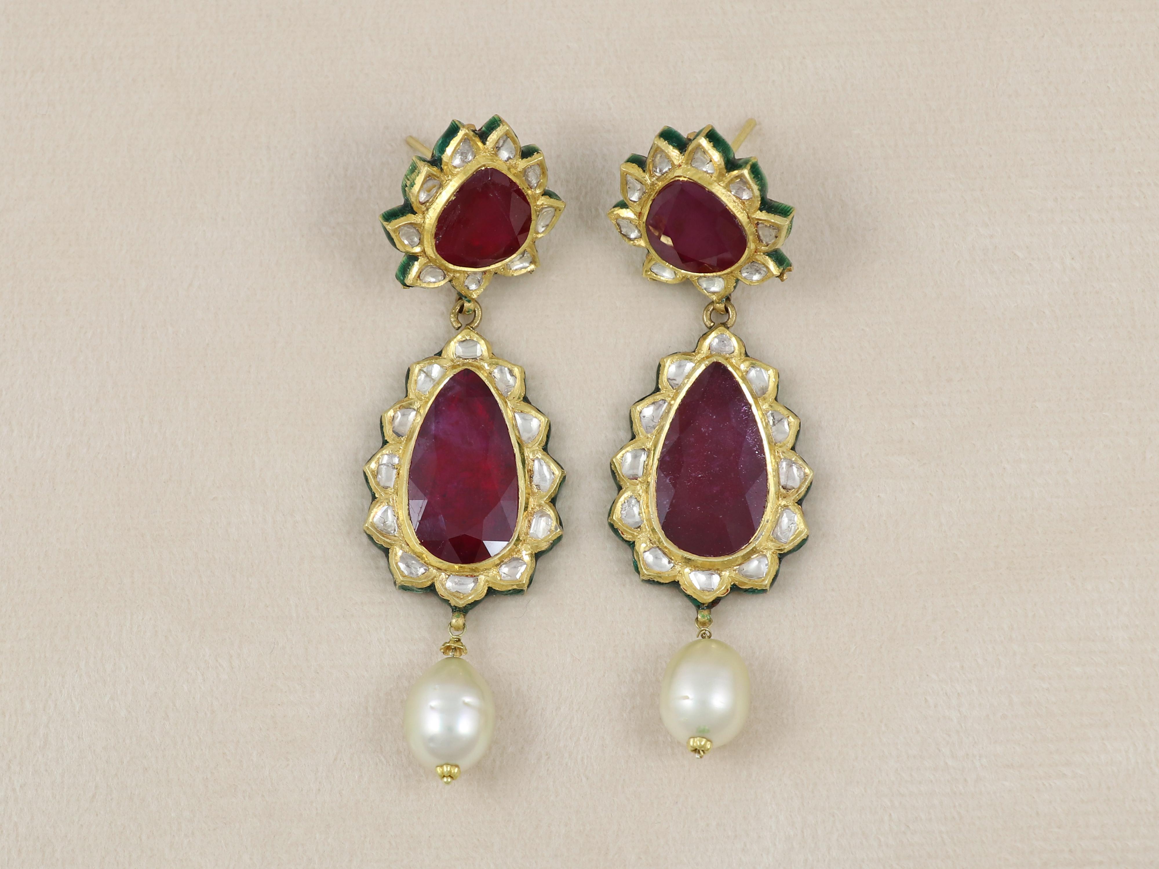 Women's 22K gold and diamonds polki earring with ruby pears and such sea pearls For Sale