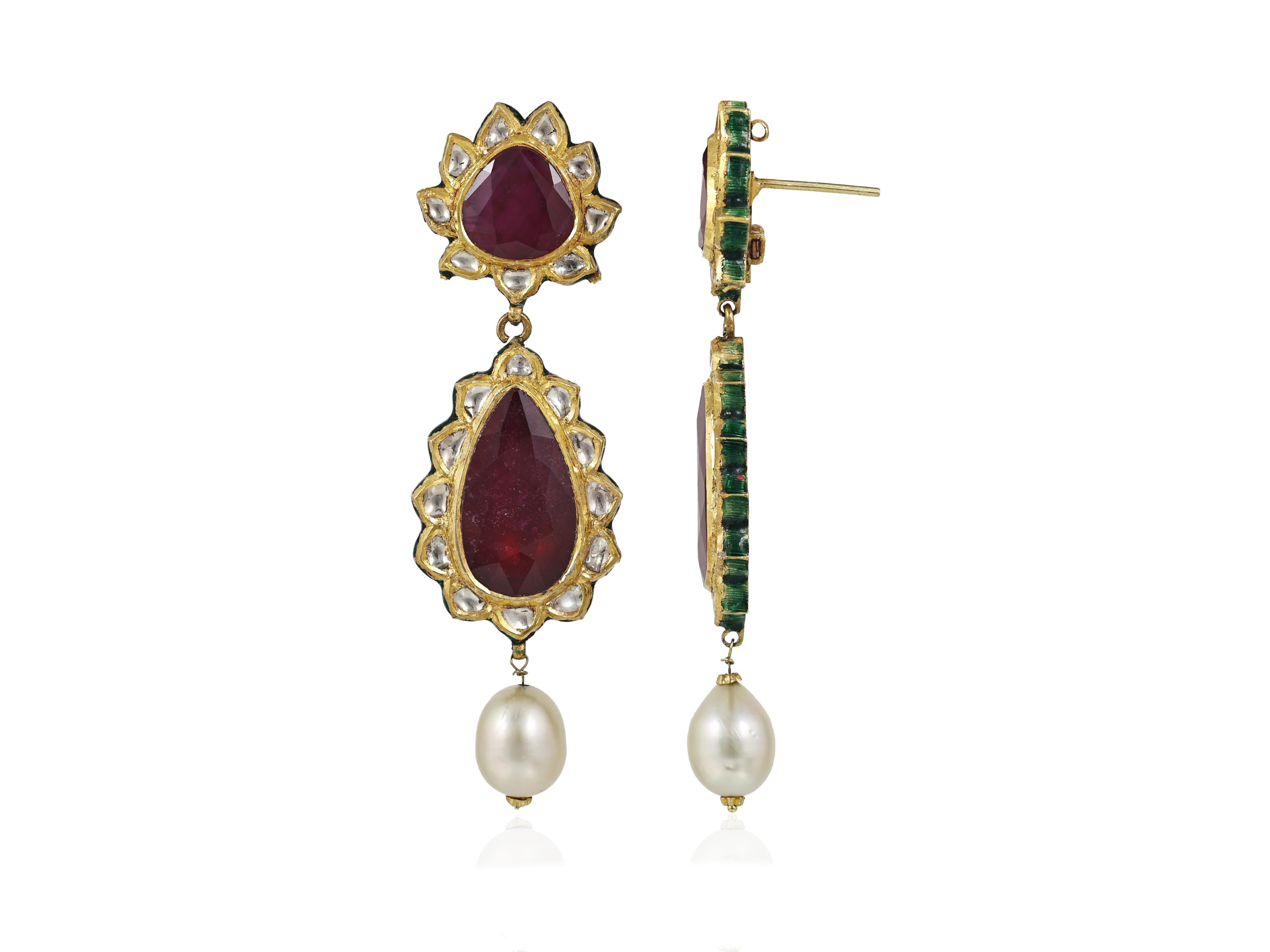 22K gold and diamonds polki earring with ruby pears and such sea pearls For Sale 2