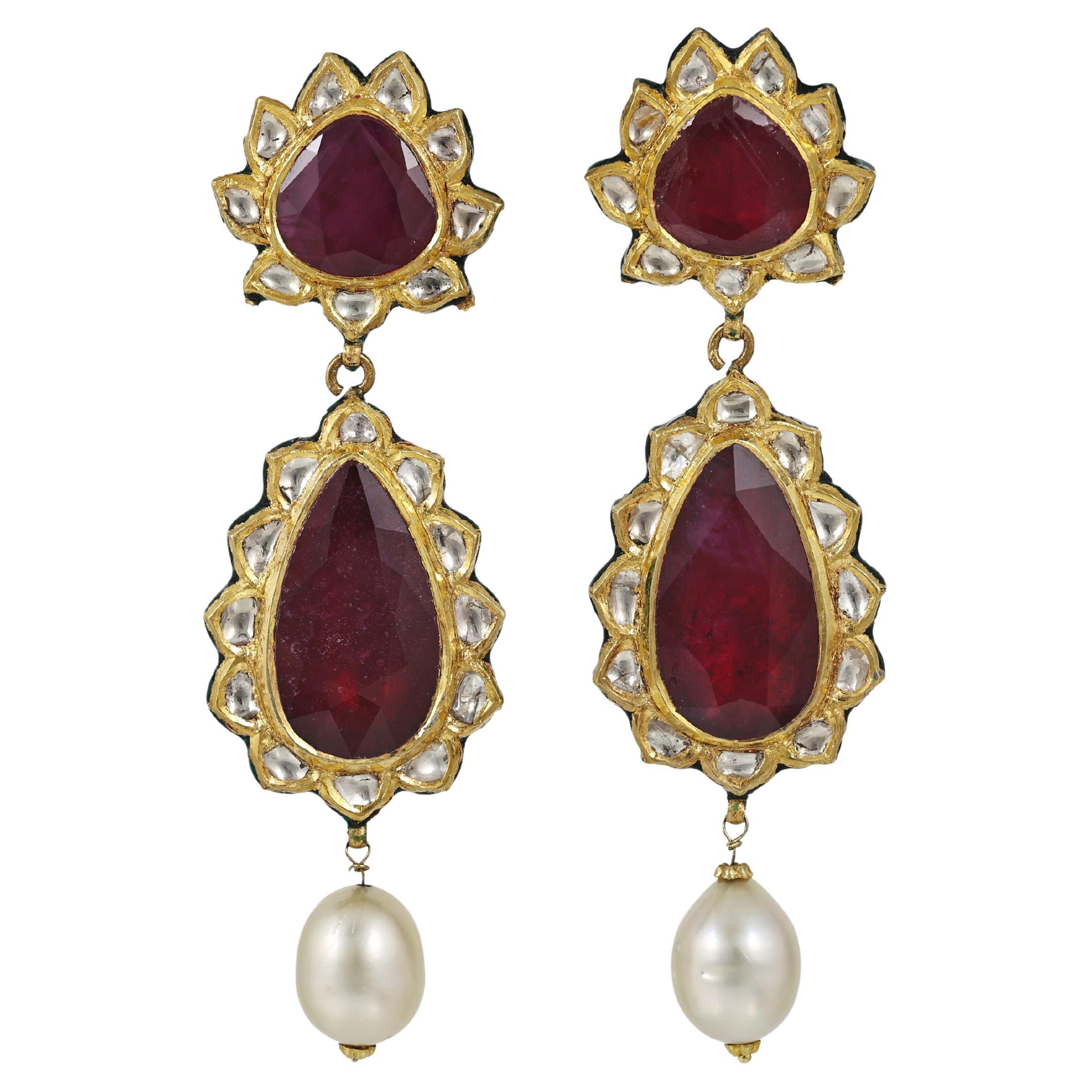 22K gold and diamonds polki earring with ruby pears and such sea pearls
