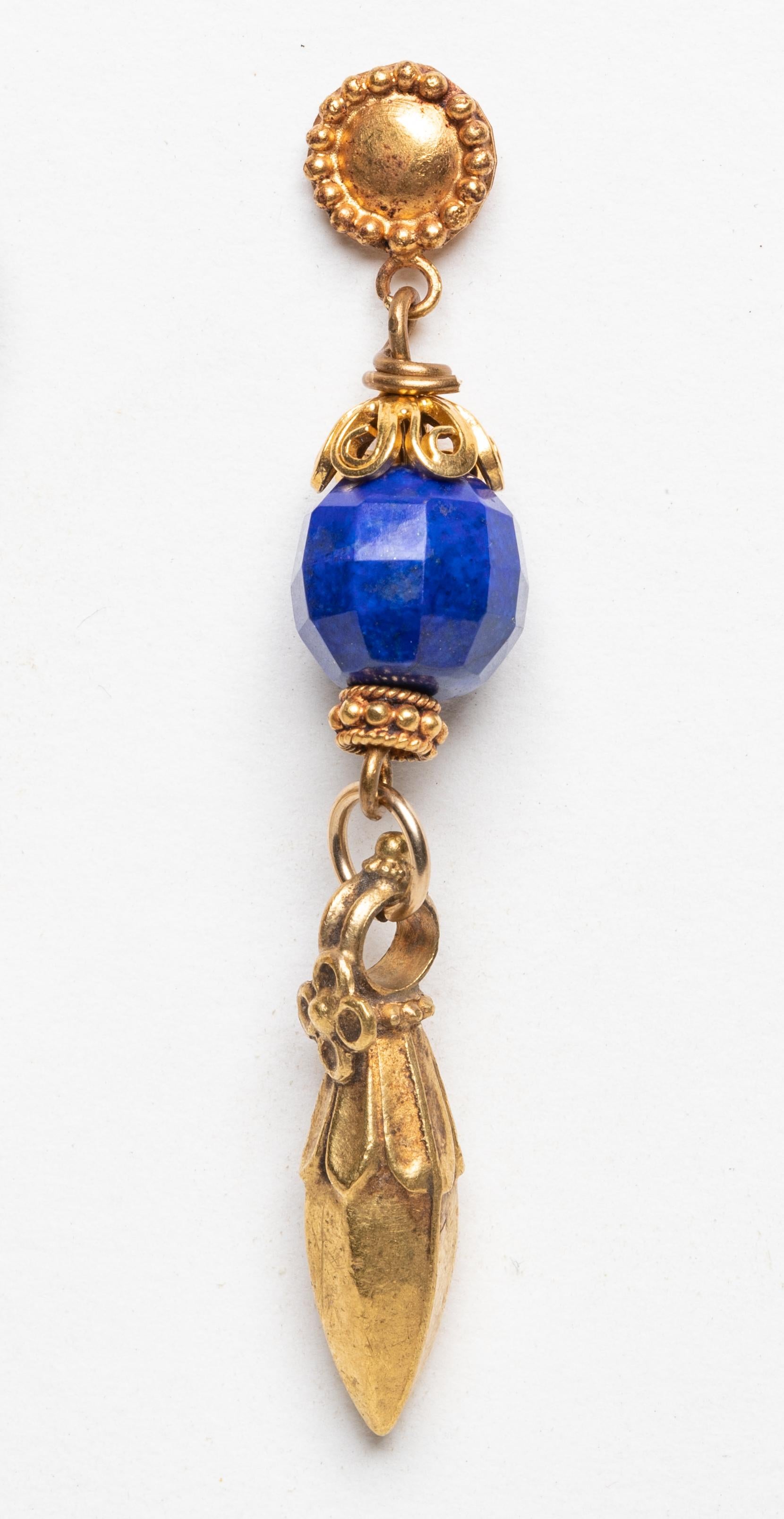 A lovely mix of finely tooled 22K gold with unusual, faceted lapis lazuli beads by Deborah Lockhart Phillips.  22K gold post for pierced ears.