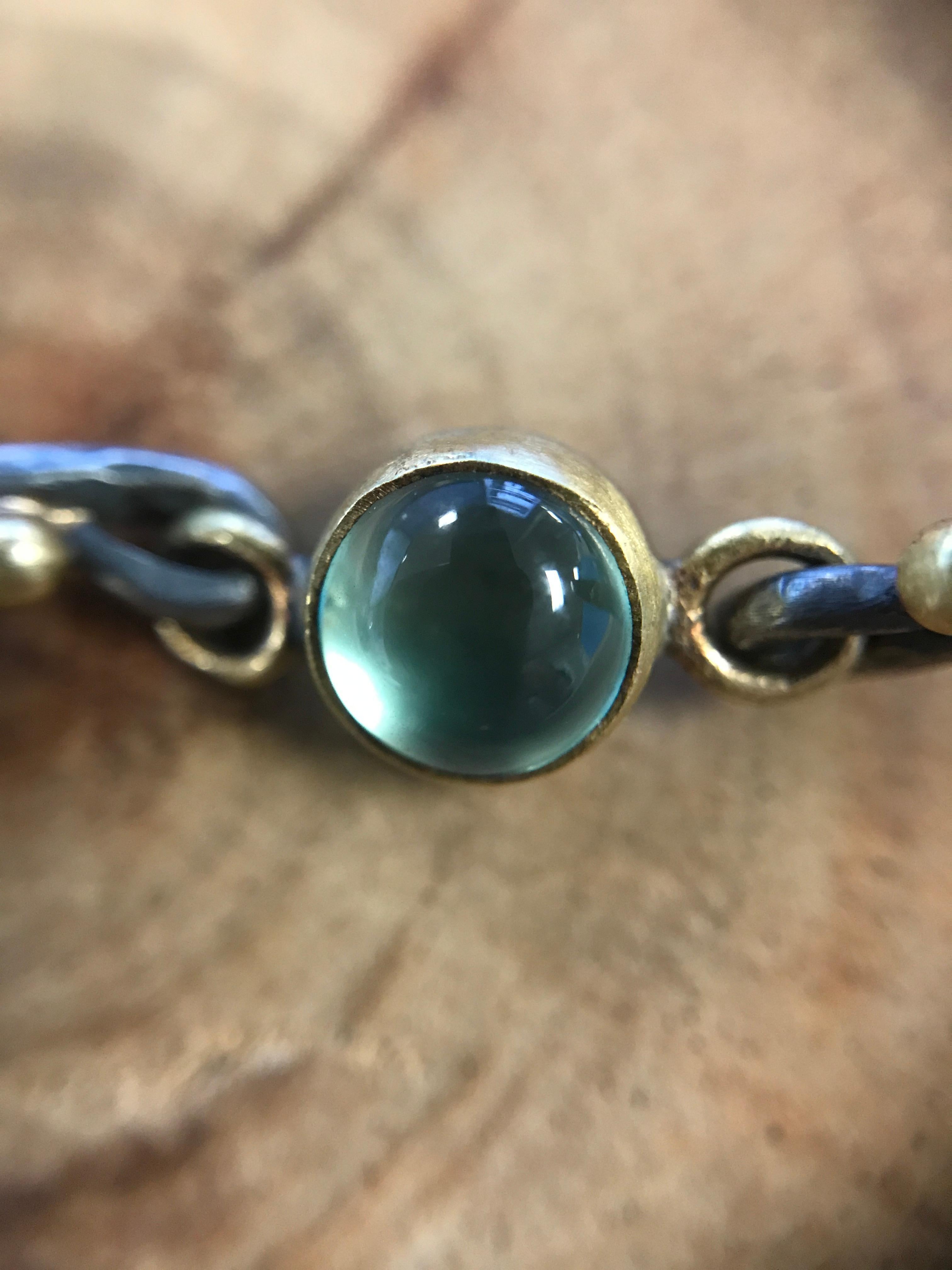 22 Karat Gold and Oxidized Sterling Silver Cabochon Prehnite Adjustable Bracelet In New Condition For Sale In Carlstadt, NJ