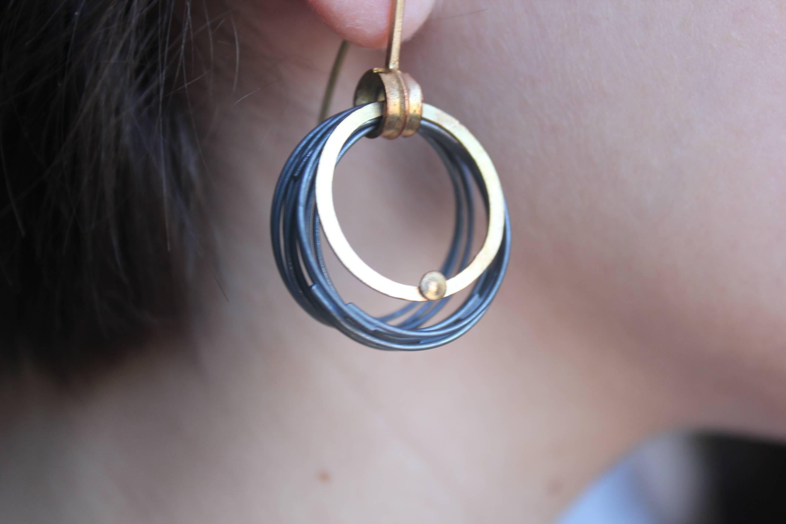 22K Gold and Oxidized Sterling Silver Handmade Dangle Hoop Earrings, AB Jewelry 5