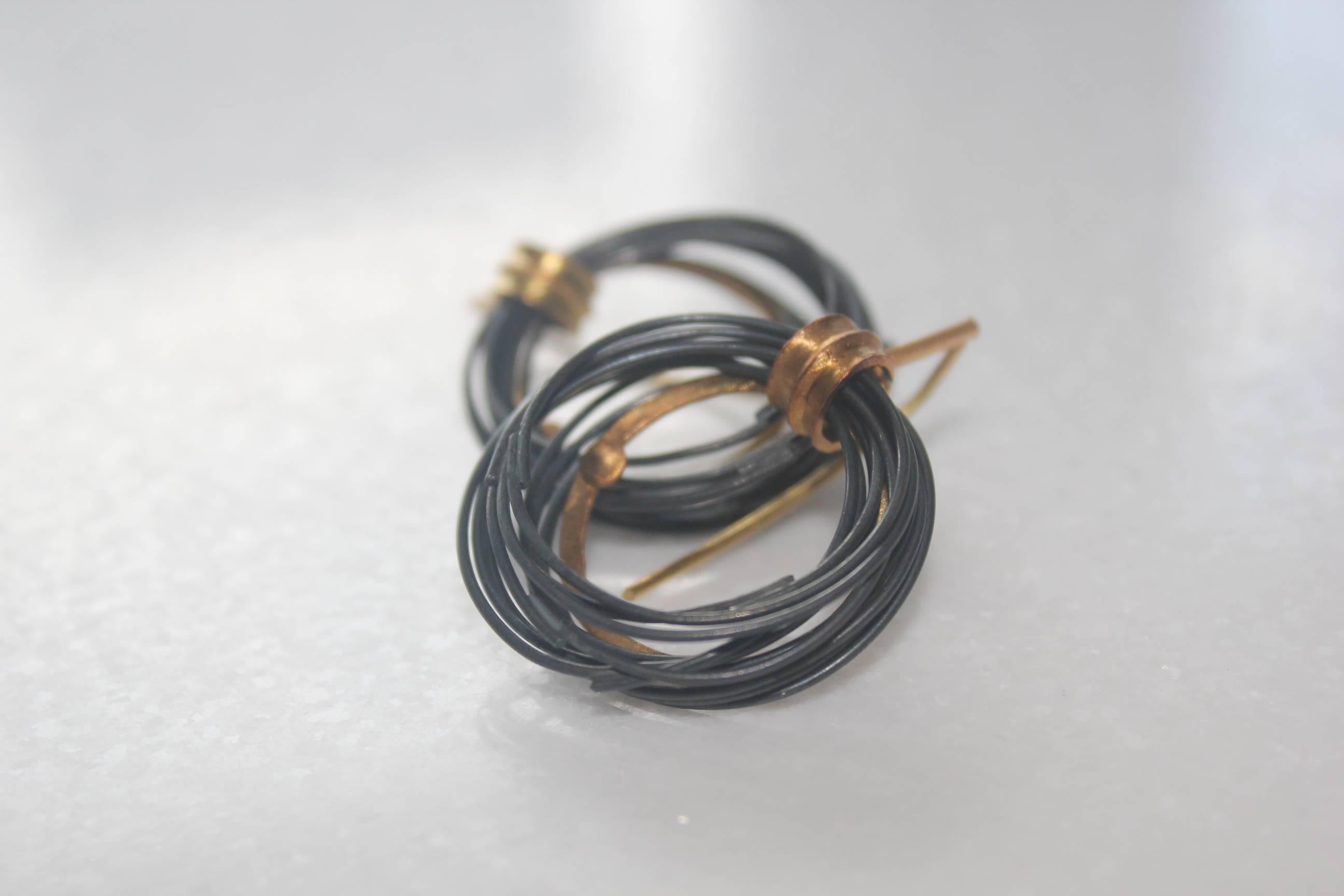 Contemporary 22K Gold and Oxidized Sterling Silver Handmade Dangle Hoop Earrings, AB Jewelry