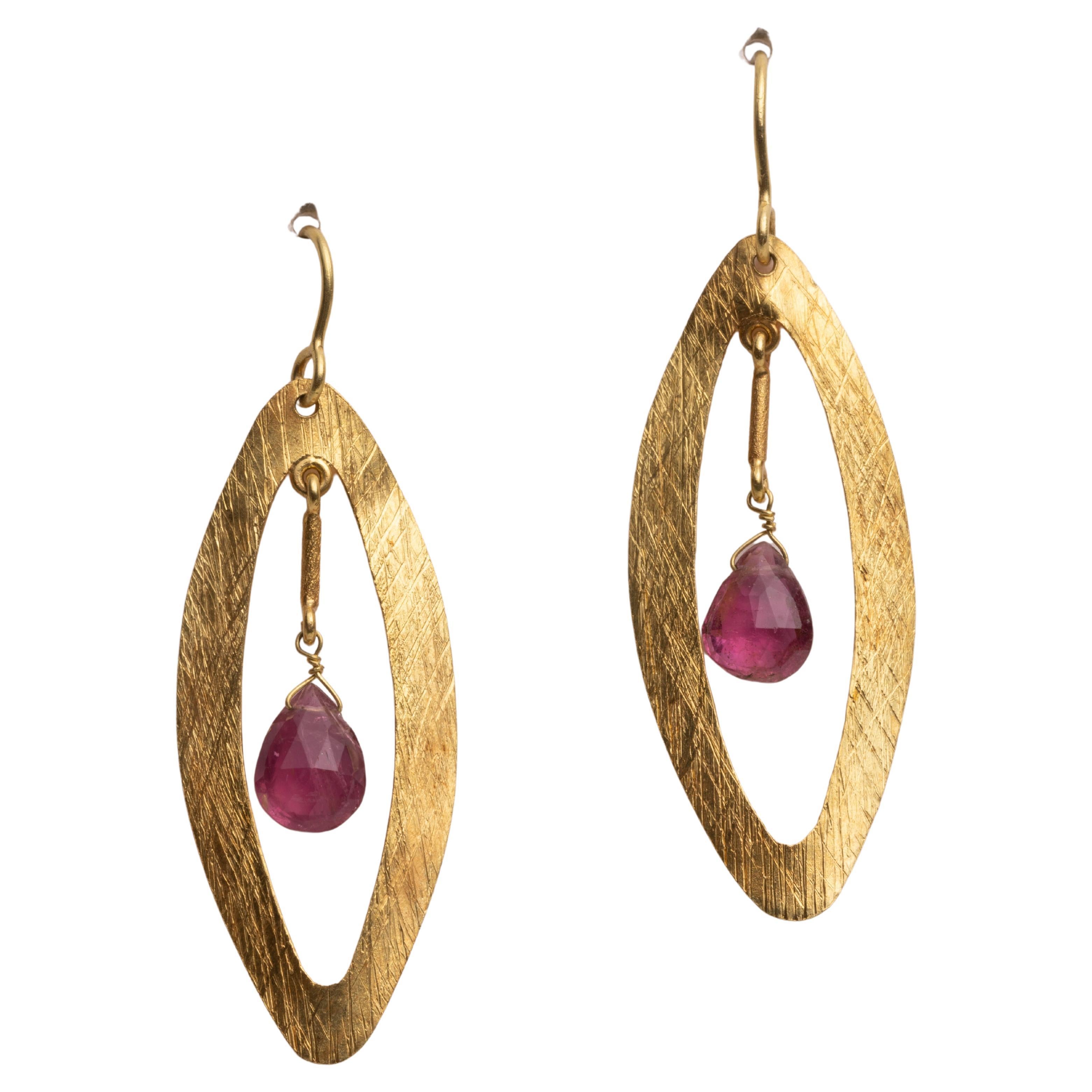 22K Gold and Pink Tourmaline Dangle Earrings For Sale