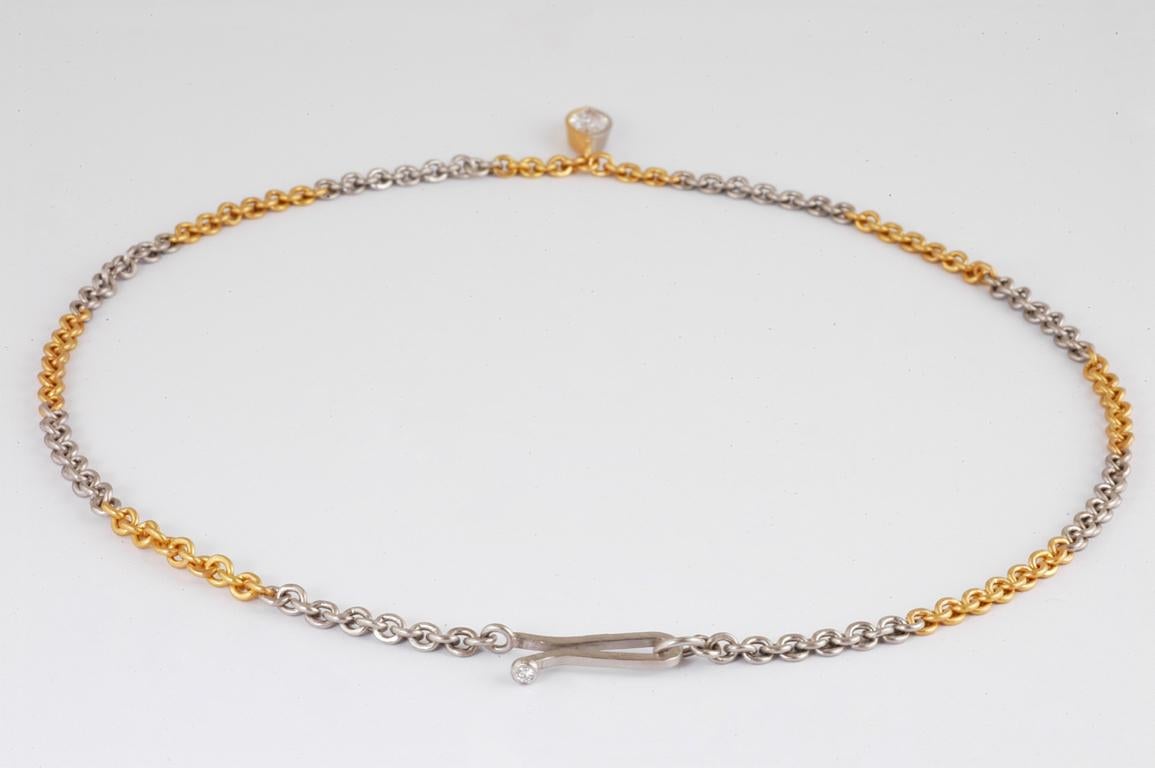 Contemporary 22 Karat Gold and Platinum Link Necklace with Marquise Diamond