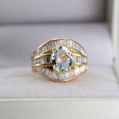 22K Gold Aquamarin Diamond Cocktail Ring - Anniversary Bridal Jewelry