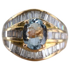 22K Gold Aquamarin Diamond Cocktail Ring - Anniversary Bridal Jewelry