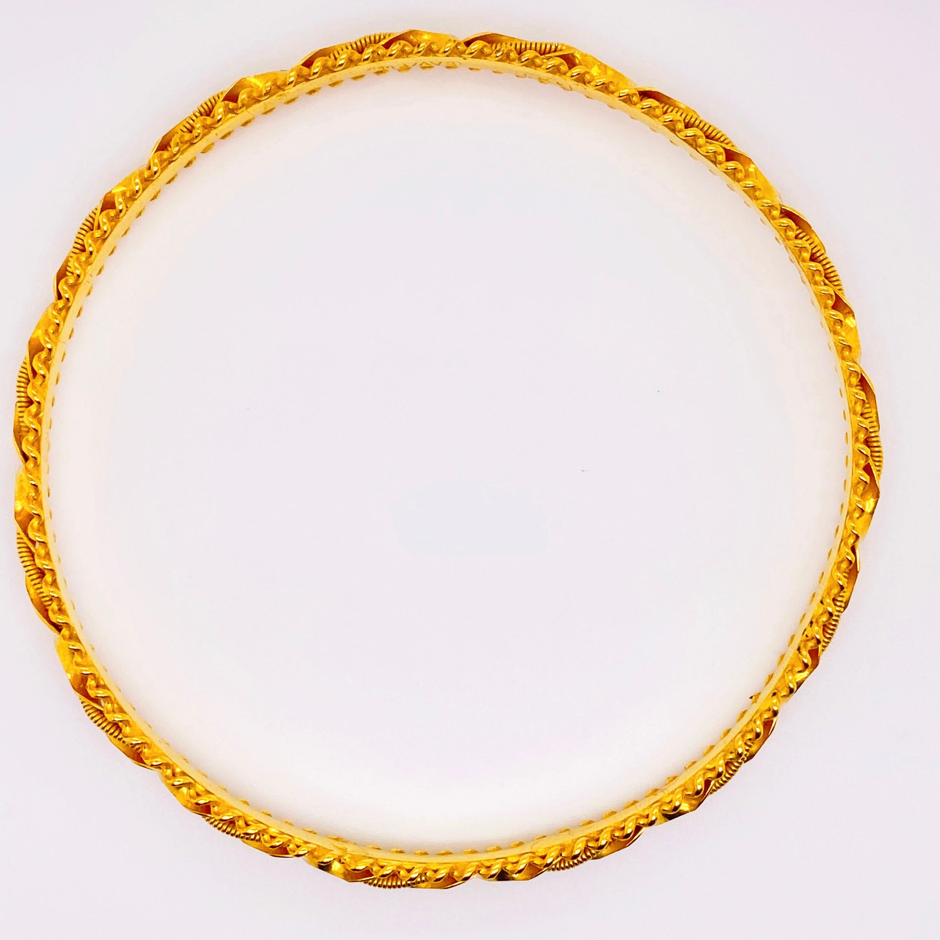 This beautiful 22 Karat Yellow Gold Bangle Bracelet is one to cherish!  The bracelet can be worn with six others or by itself as the purity of 22 karat is very special and unique.  When you wear this bracelet, you will find that you are calmer and