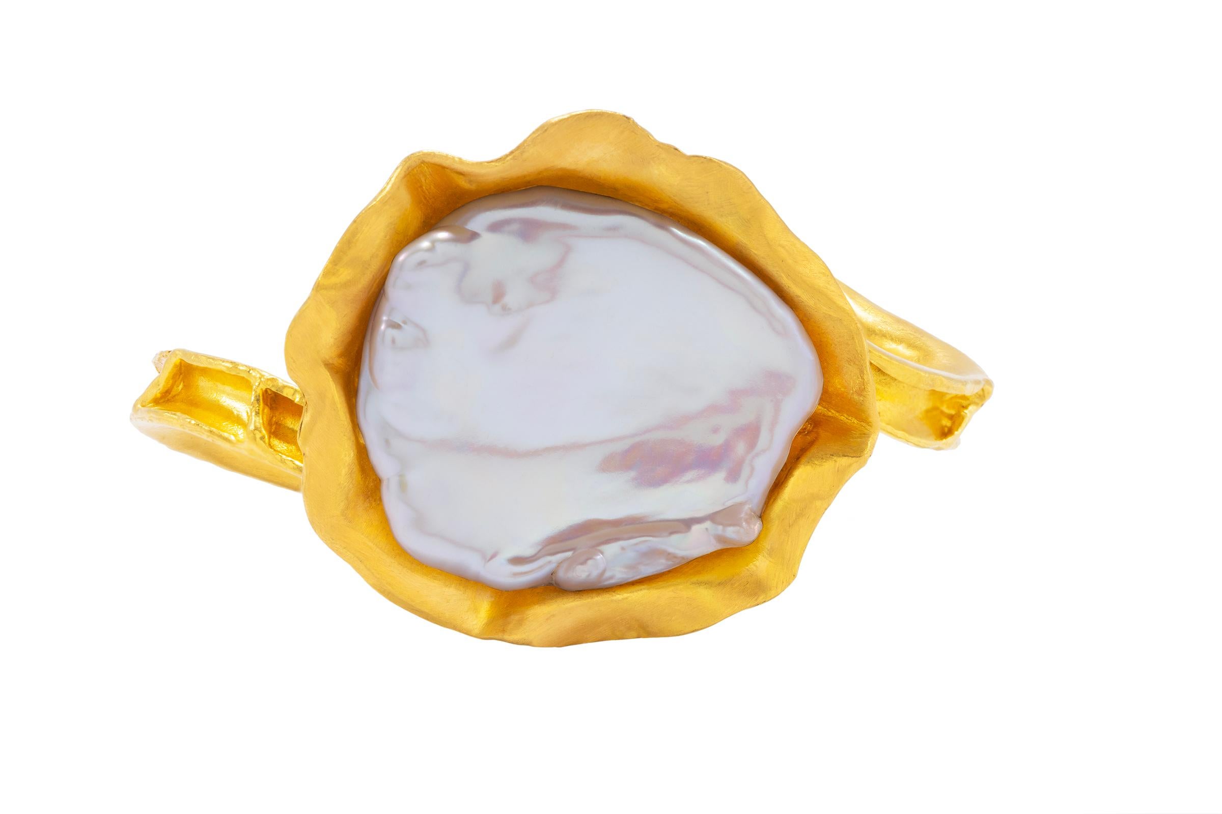 Round Cut 22k Gold Baroque Coin Pearl Cuff, by Tagili For Sale