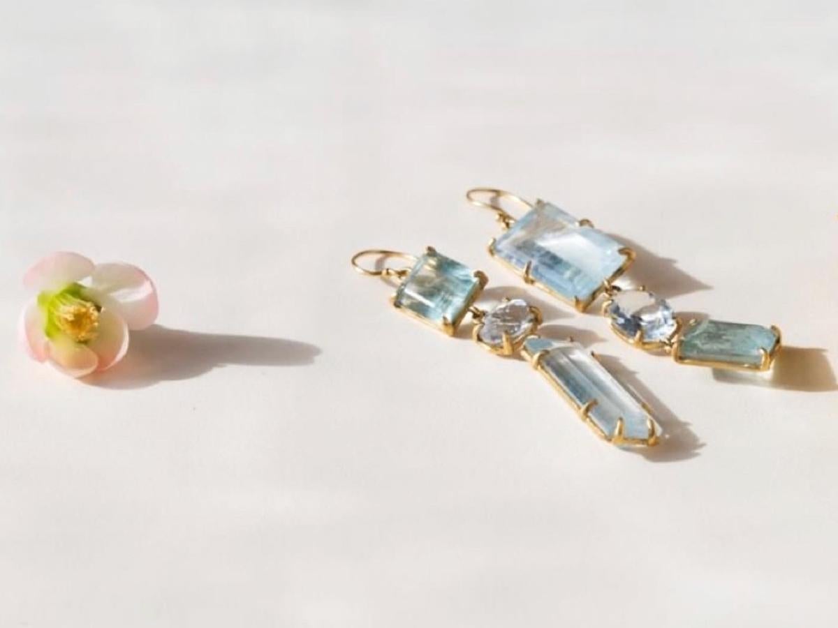 Mixed Cut Margery Hirschey 22k Gold Bi-Colored Topaz and Aquamarine Asymmetric Earrings For Sale