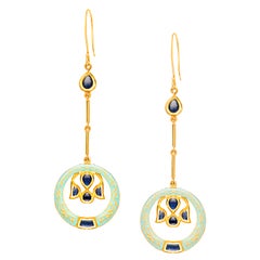 22K Gold Blue Sapphire and Rose Cut Diamond Enamel Earrings Handmade by AGARO