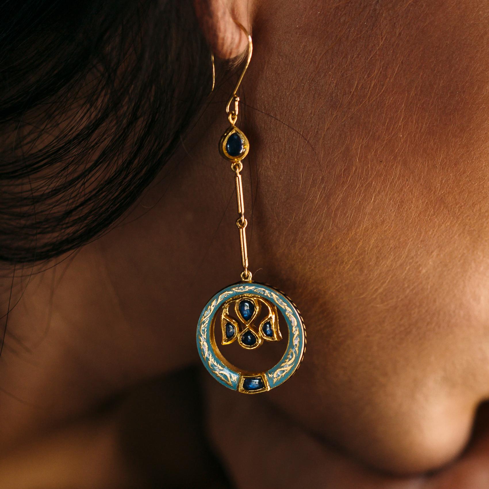 Artisan 22K Gold Blue Sapphire and Rose Cut Diamond Enamel Earrings Handmade by AGARO For Sale