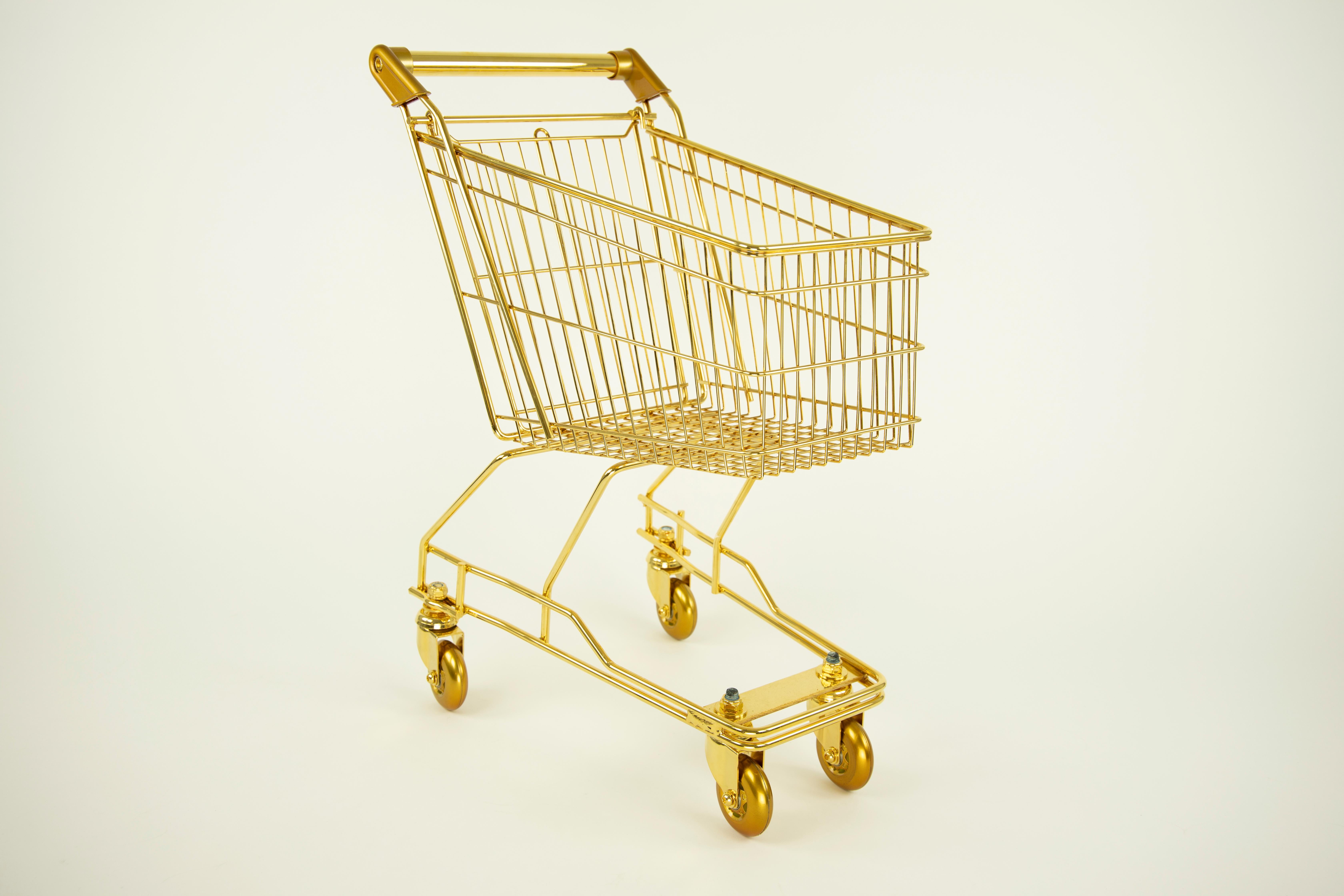 Il carrello per bambini placcato in oro 22K è un accessorio di lusso e una scultura utilizzabile per eccellenza.
Il carrello è realizzato in acciaio inossidabile e ottone placcato in oro a 22 carati con cuscinetti a sfera e ruote da skateboard.