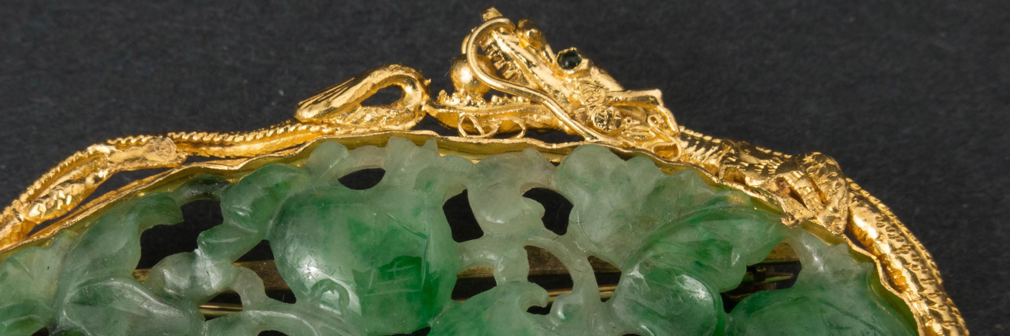 Women's or Men's 22 Karat Gold Carved Jadeite Brooch Pin