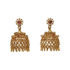 Vintage 22 Karat Gold Chandelier Earrings with Diamonds, Rubies, Pearls and Emeralds