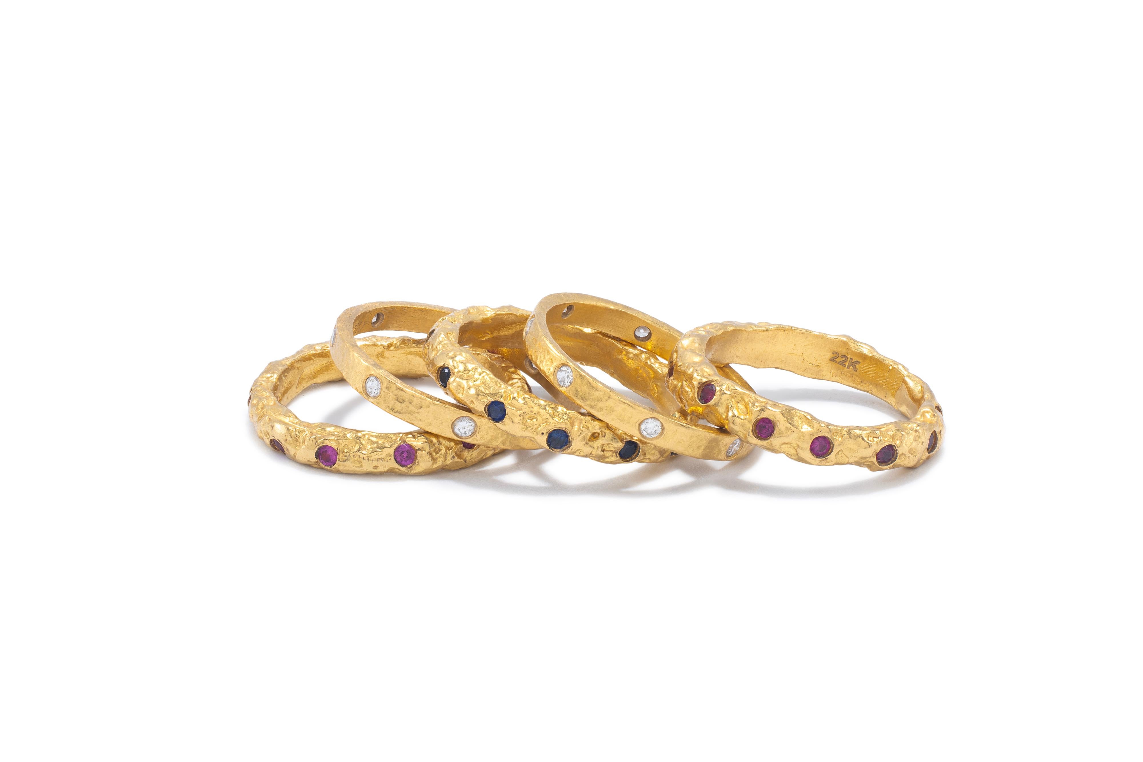 Brilliant Cut 22k Gold Chunky Foil Stacking Rings with Pink Sapphires, by Tagili For Sale