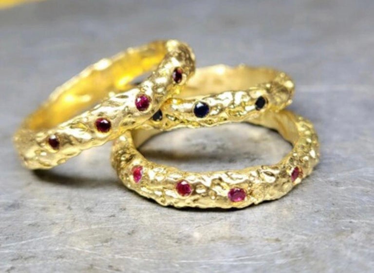 22k Gold Chunky Foil Stacking Rings with Red Sapphires, by Tagili For ...