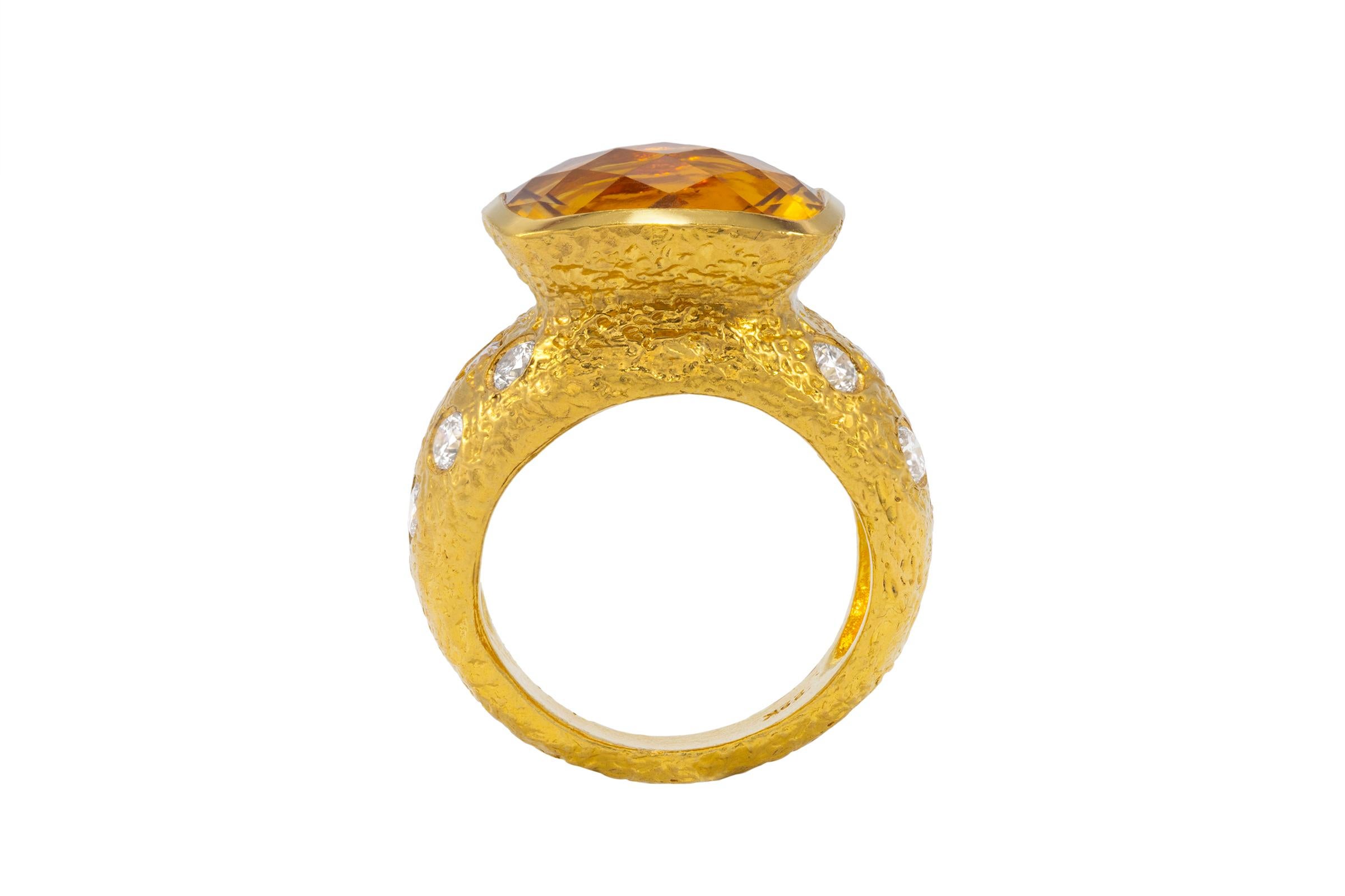 Artisan 22k Gold Citrine Birthstone Cocktail Ring with Diamonds, by Tagili For Sale