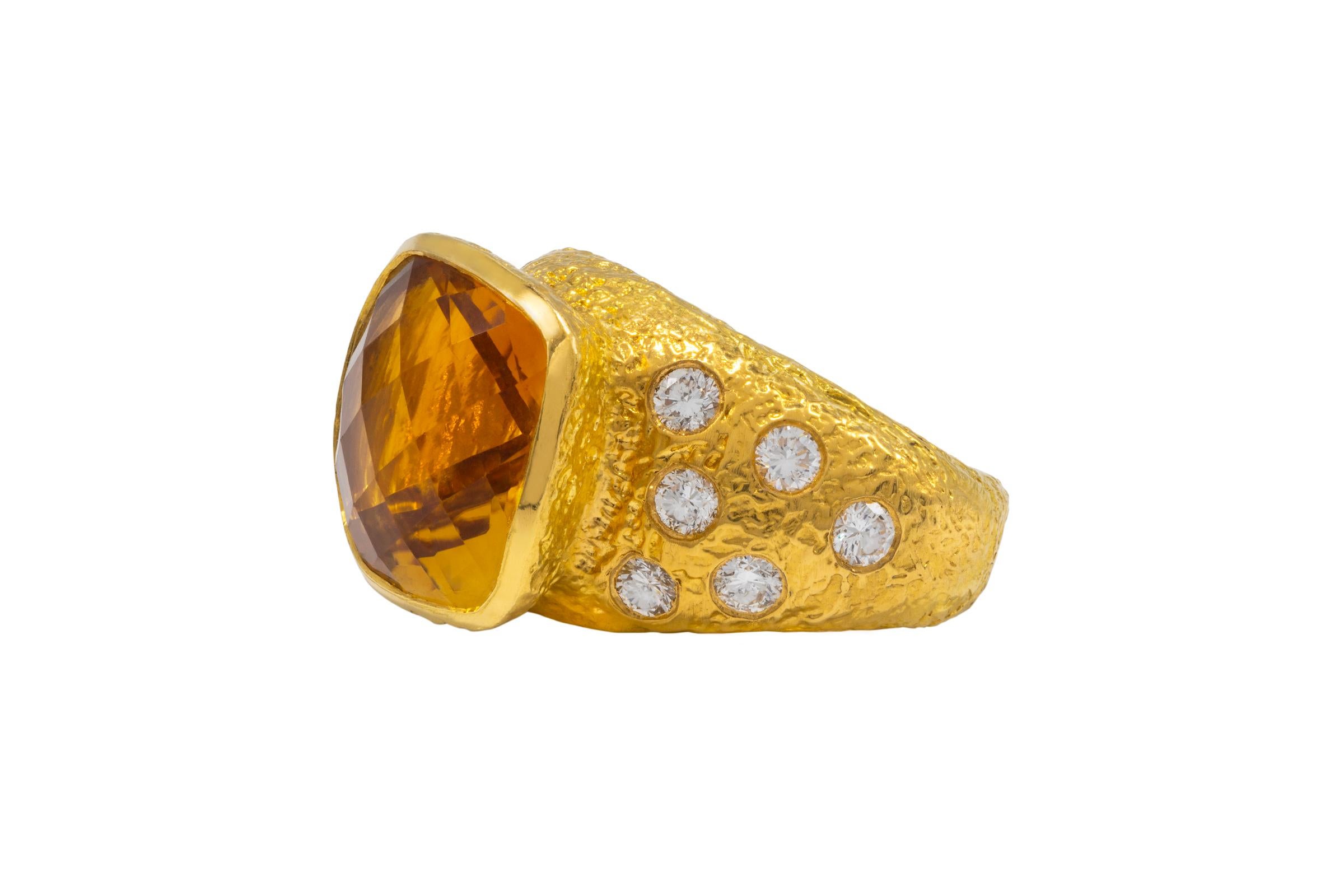 Women's or Men's 22k Gold Citrine Birthstone Cocktail Ring with Diamonds, by Tagili For Sale