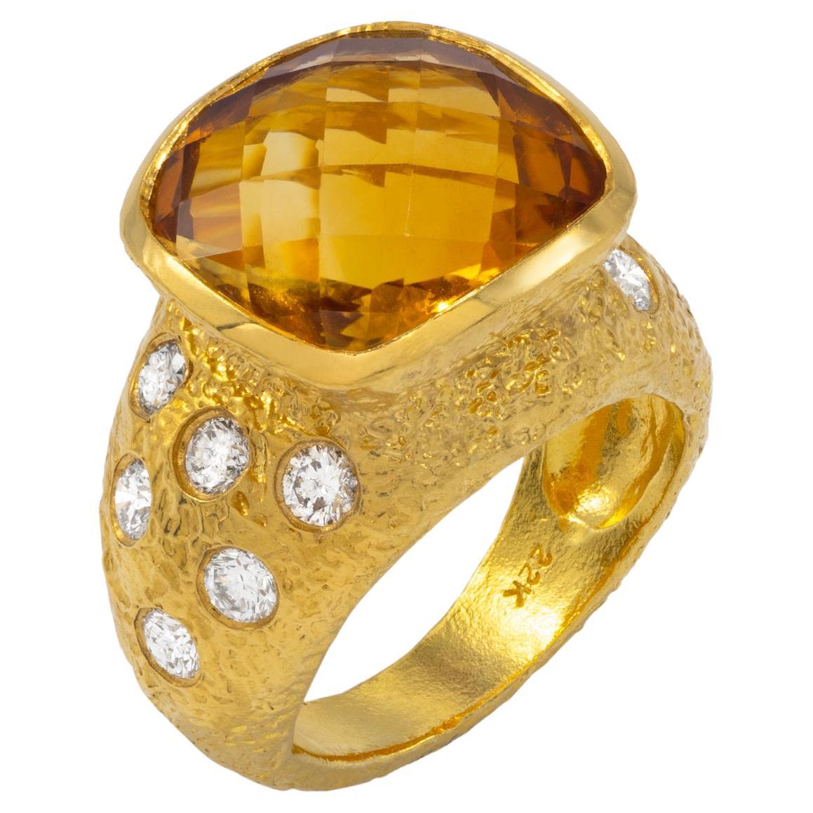 22k Gold Citrine Birthstone Cocktail Ring with Diamonds, by Tagili For Sale