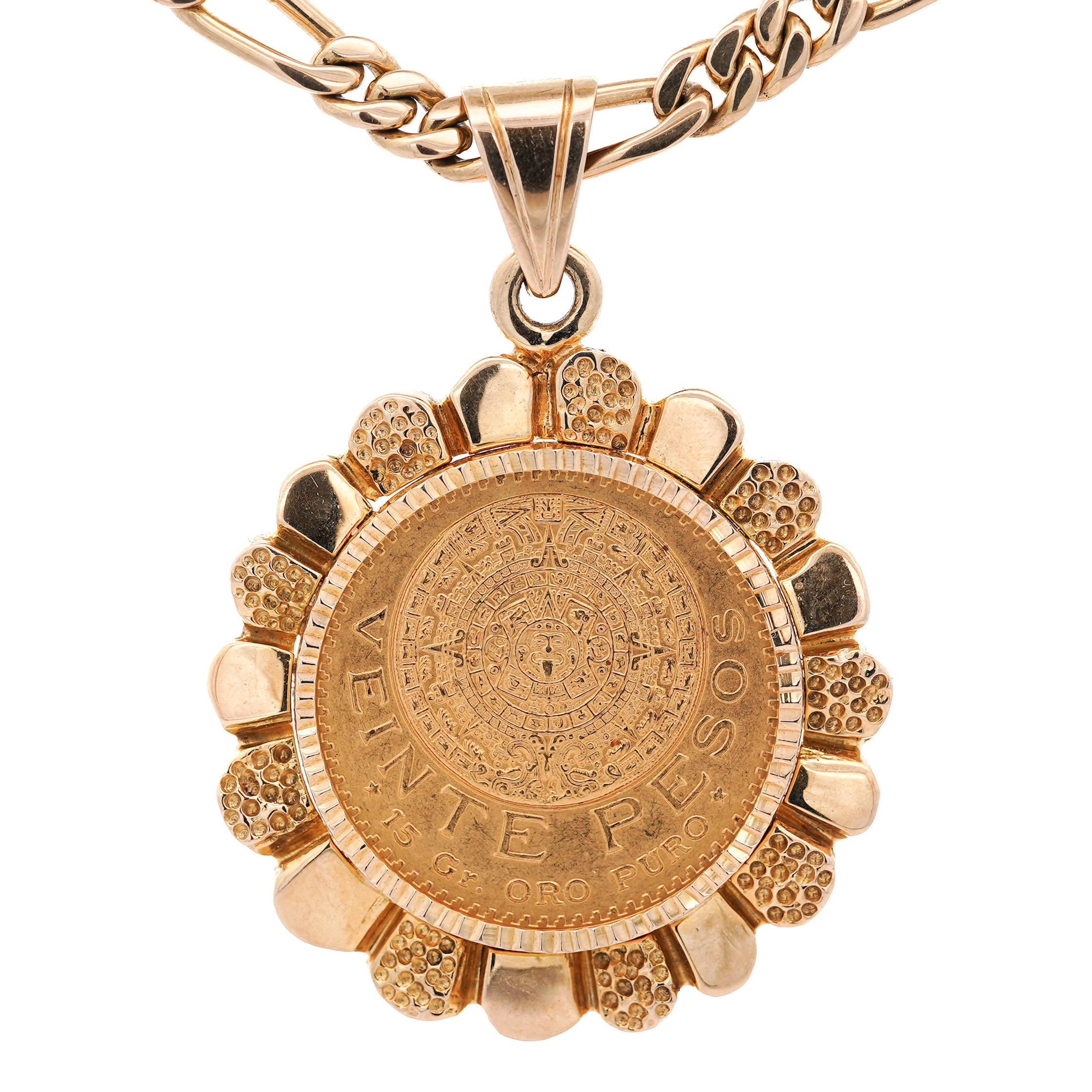 22K Gold Coin Mexican 20 Pesos 1959 Pendant in 14K Gold Figaro Chain Necklace For Sale 5