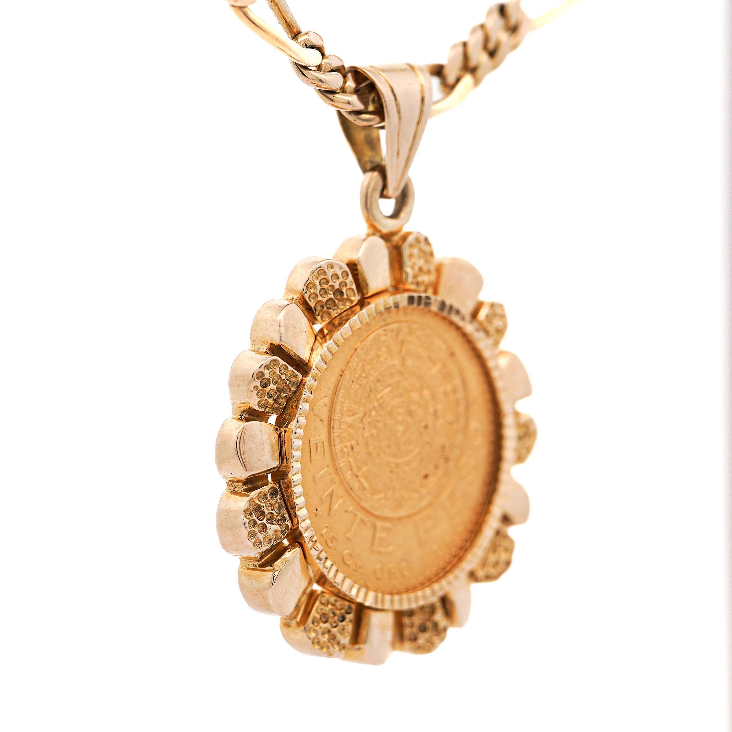Retro 22K Gold Coin Mexican 20 Pesos 1959 Pendant in 14K Gold Figaro Chain Necklace For Sale