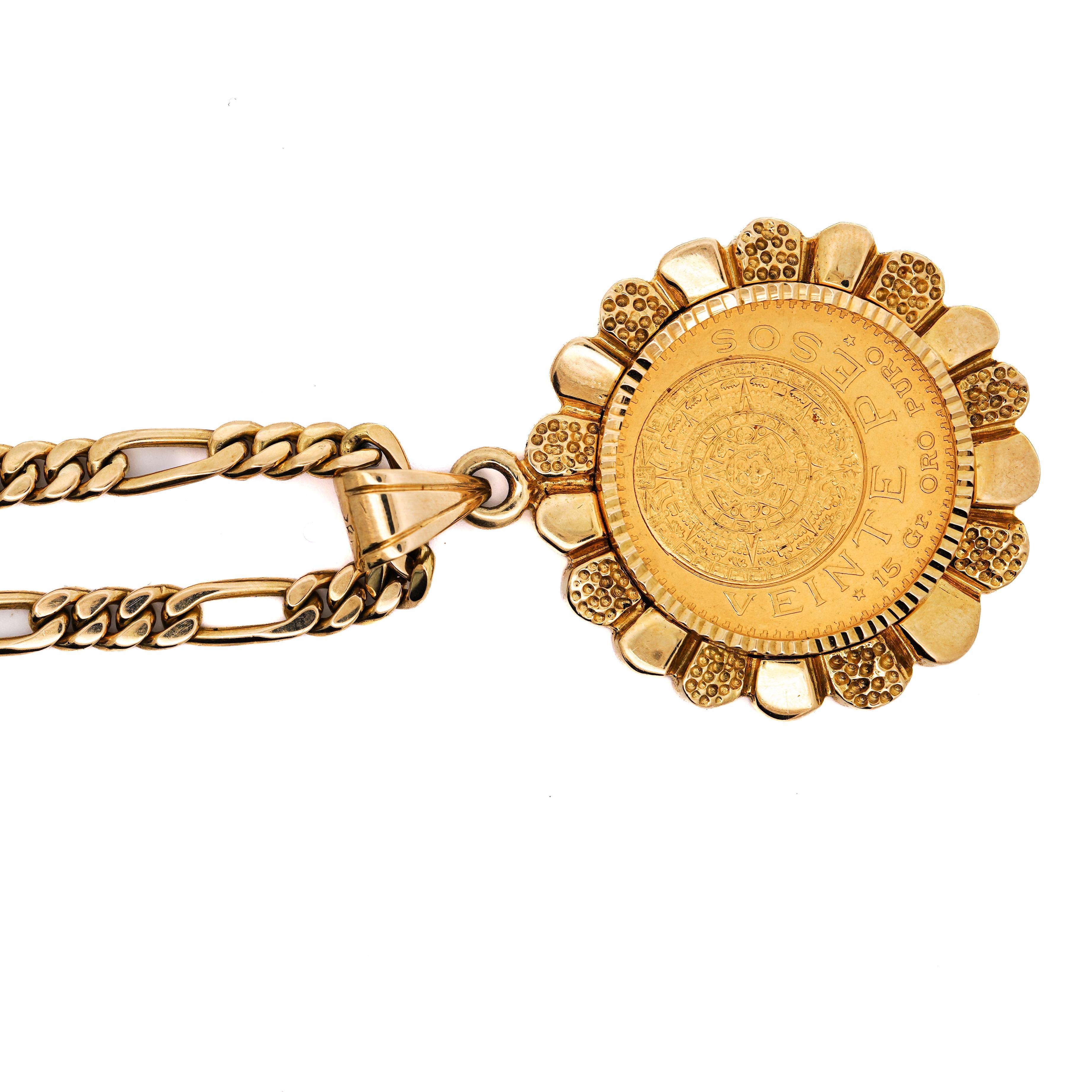 Women's or Men's 22K Gold Coin Mexican 20 Pesos 1959 Pendant in 14K Gold Figaro Chain Necklace For Sale