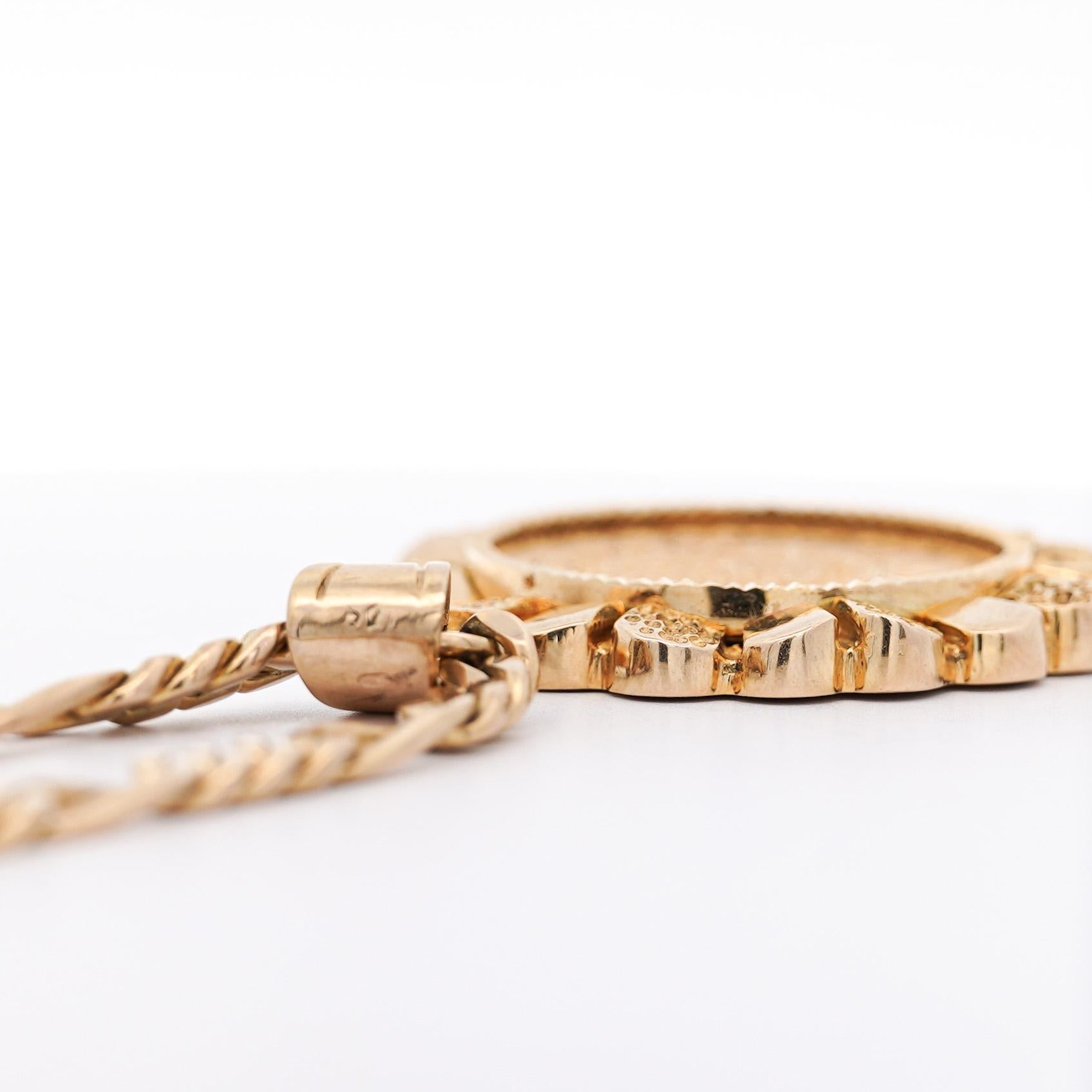 22K Gold Coin Mexican 20 Pesos 1959 Pendant in 14K Gold Figaro Chain Necklace For Sale 2