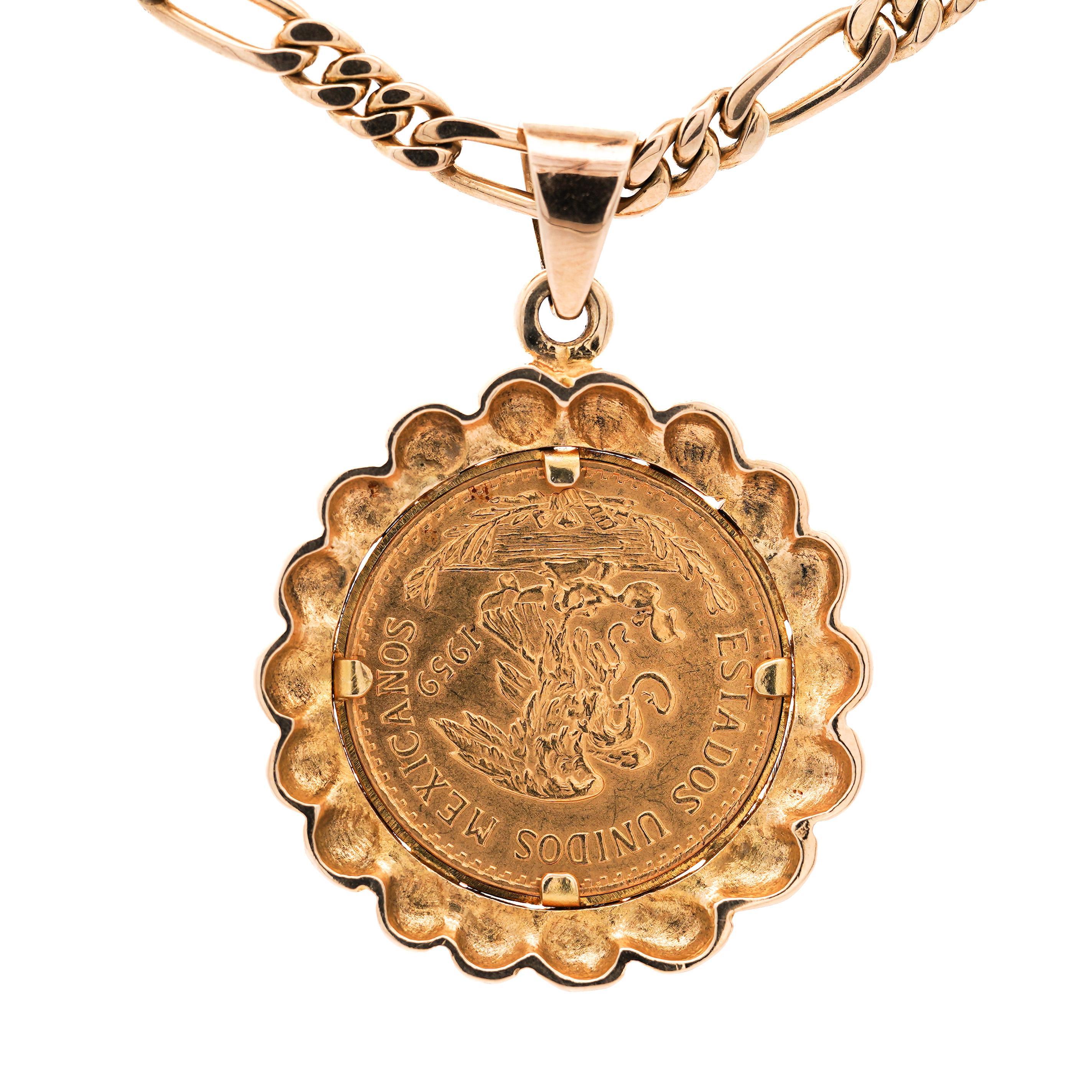22K Gold Coin Mexican 20 Pesos 1959 Pendant in 14K Gold Figaro Chain Necklace For Sale 3