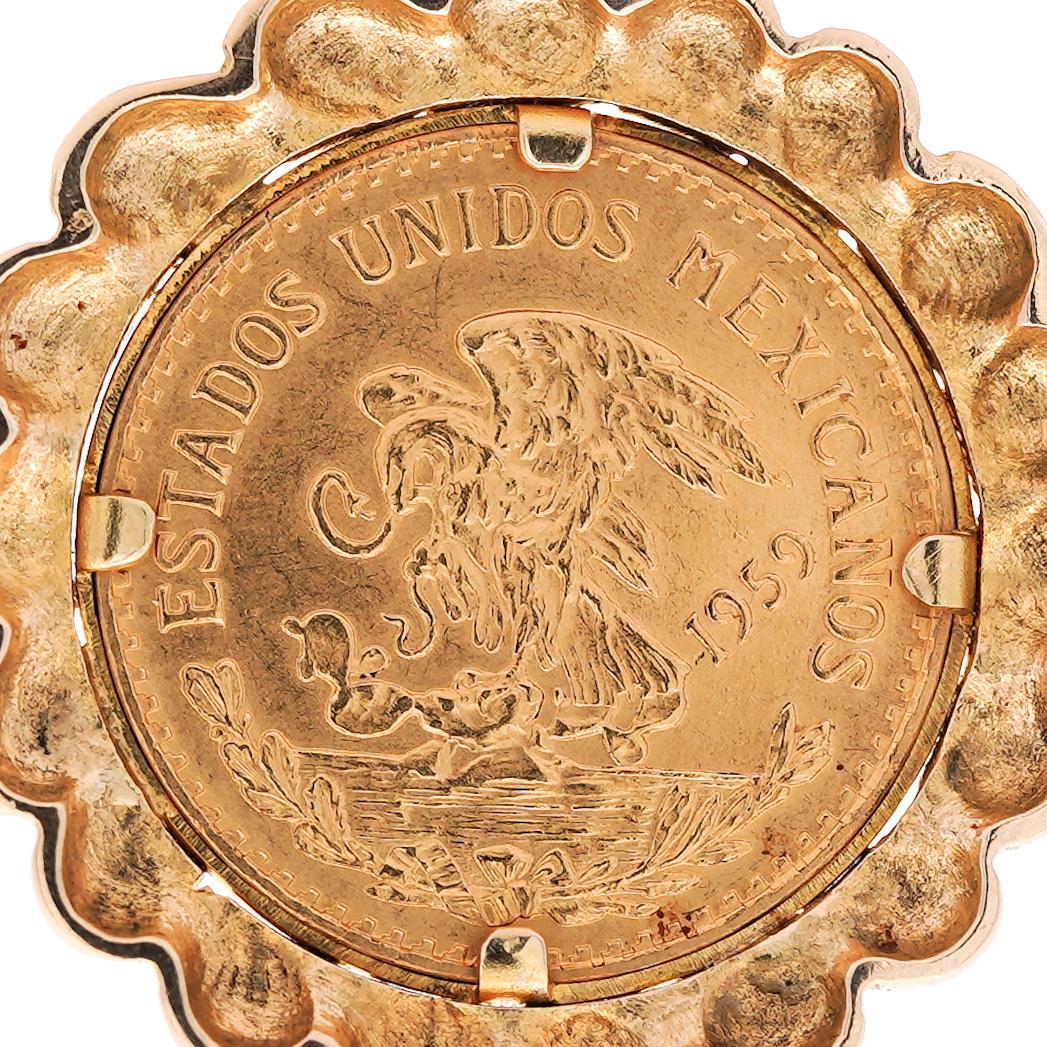 22K Gold Coin Mexican 20 Pesos 1959 Pendant in 14K Gold Figaro Chain Necklace For Sale 4
