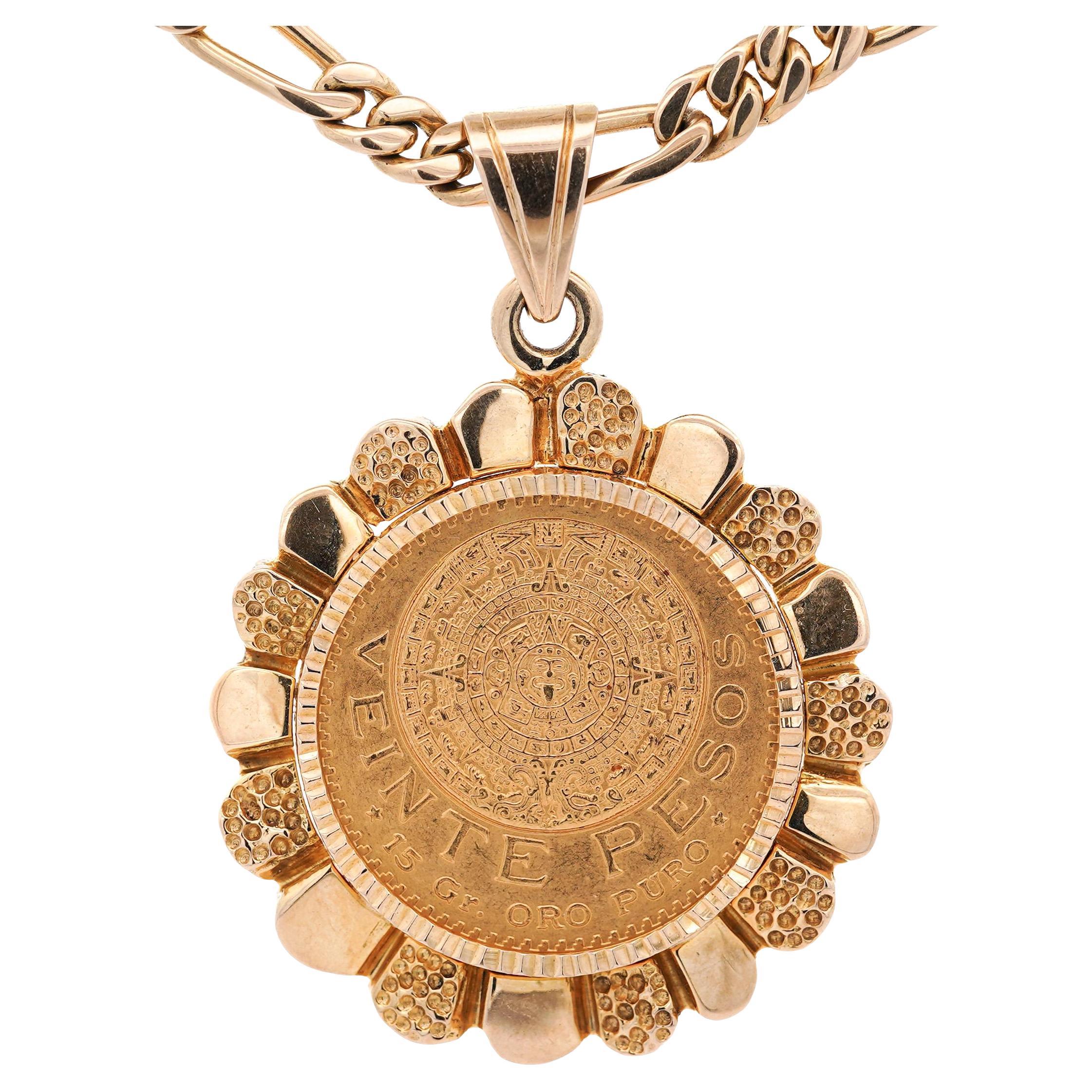 22 Karat Gold Münze Mexikanische 20 Pesos 1959 Anhänger in 14K Gold Figaro Kette Halskette mit Anhänger