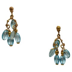 22K Gold Dangle Chandelier Earrings with Blue Topaz Gemstones