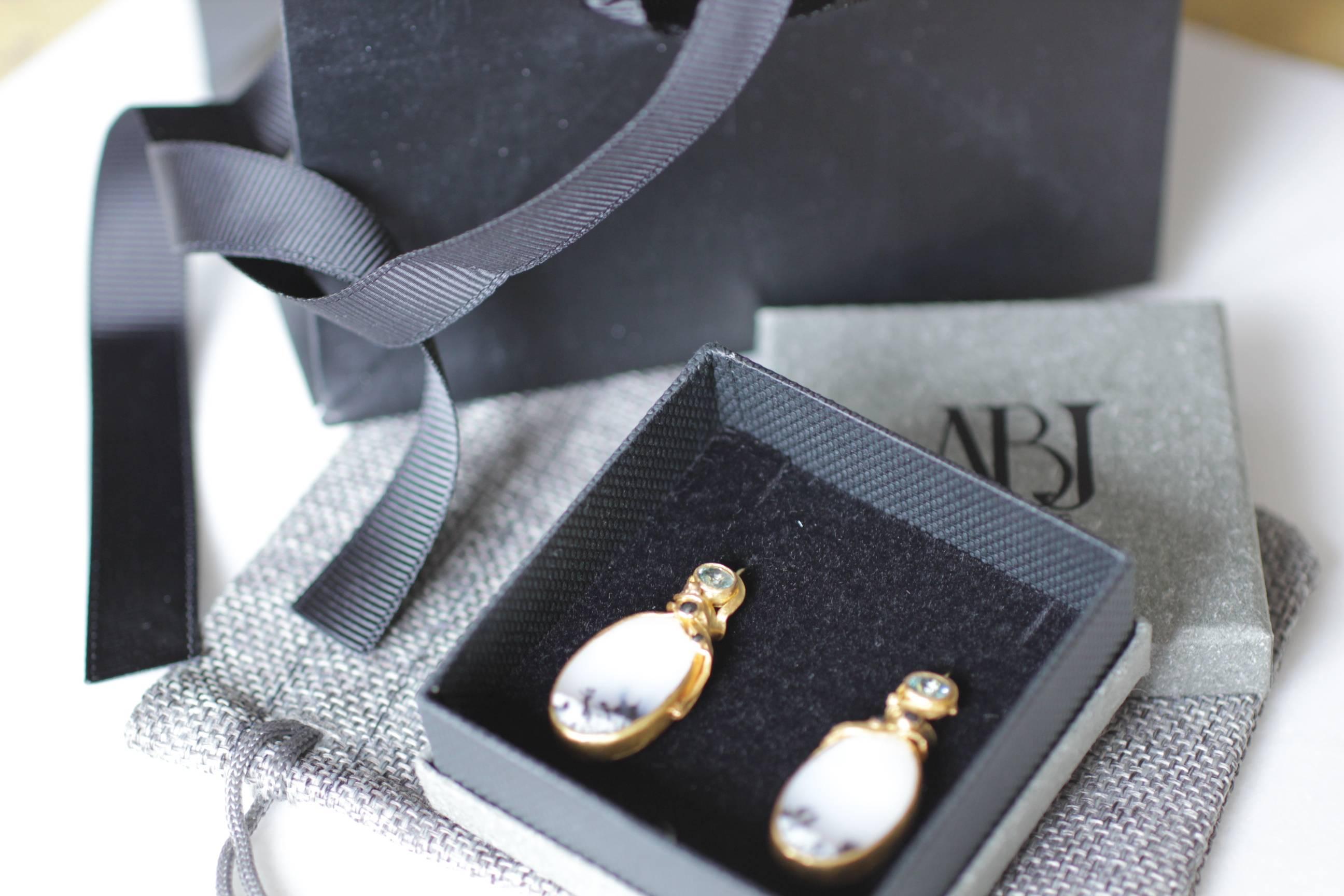 22k Gold Dendrite Opal Black Diamonds Drop Earrings Contemporary Handmade 2
