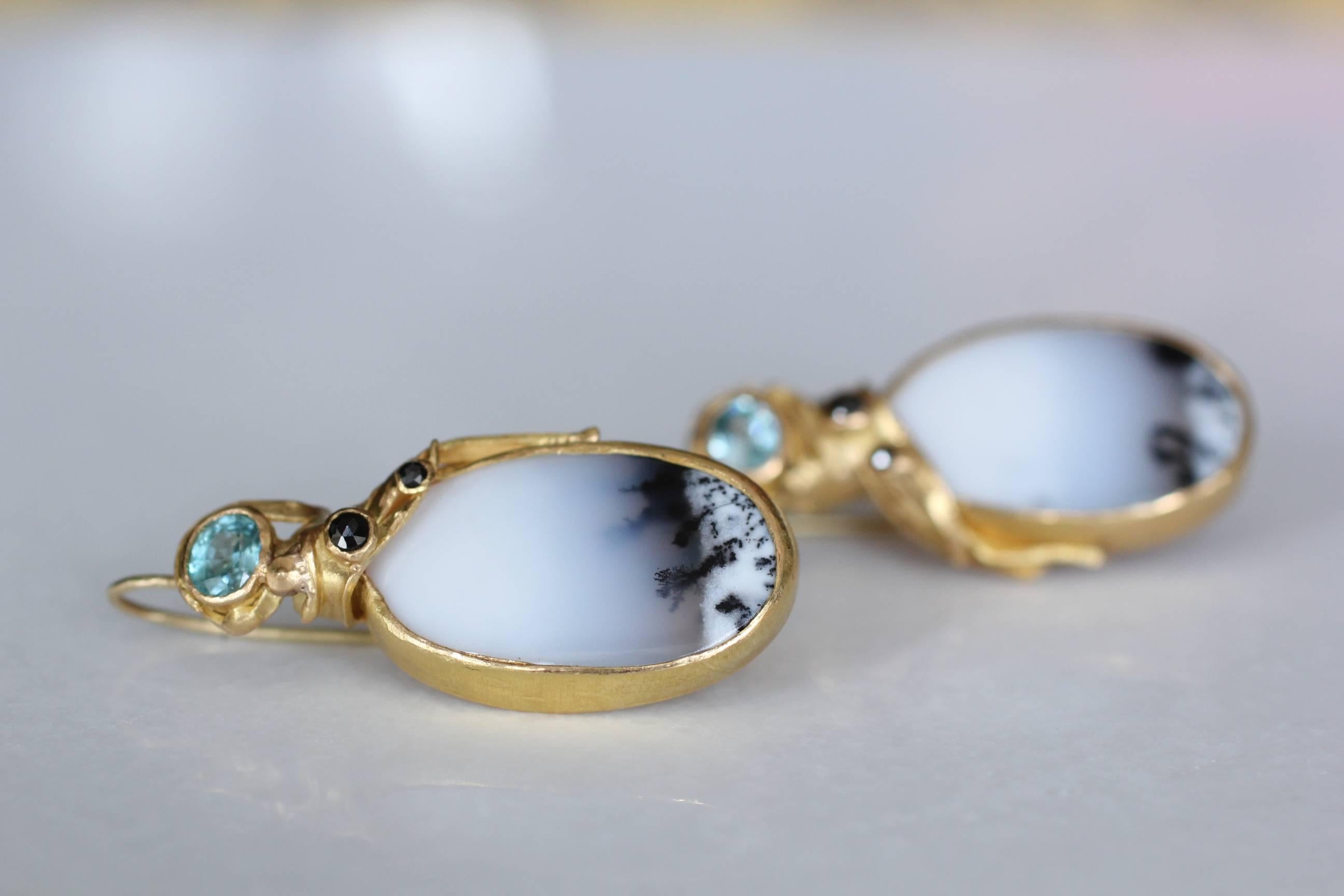 Oval Cut 22k Gold Dendrite Opal Black Diamonds Drop Earrings Contemporary Handmade