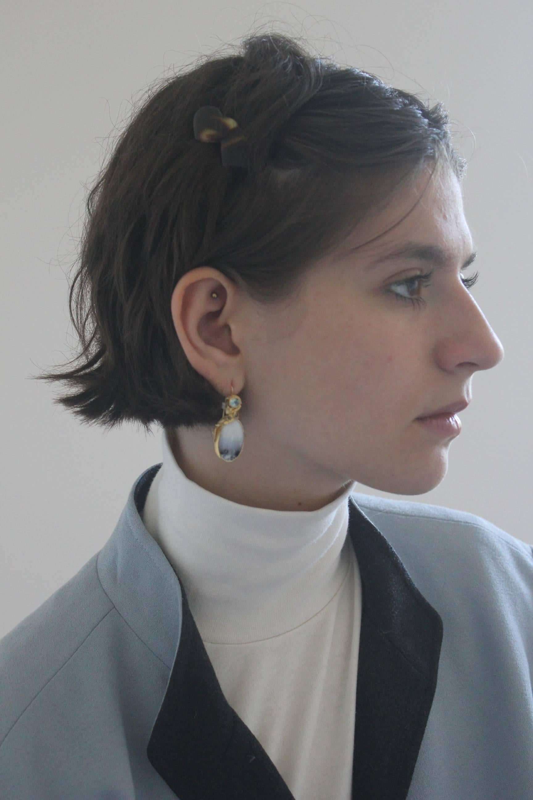 Women's 22k Gold Dendrite Opal Black Diamonds Drop Earrings Contemporary Handmade