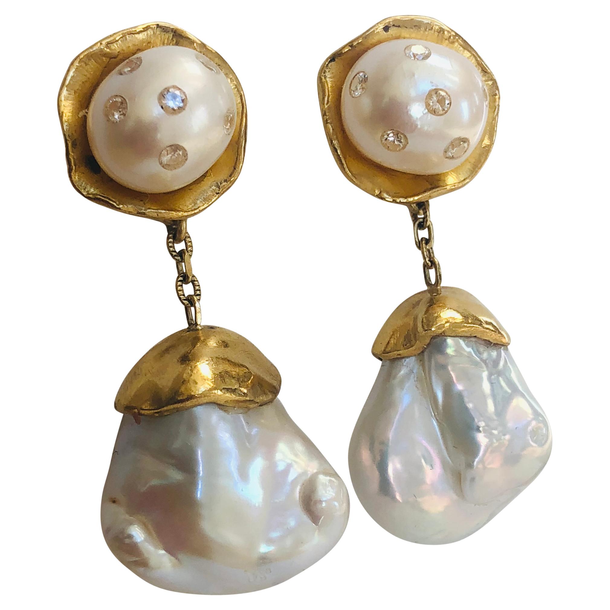 22k Gold Pearl Earrings with Detachable Pearl Diamond Studs by Tagili