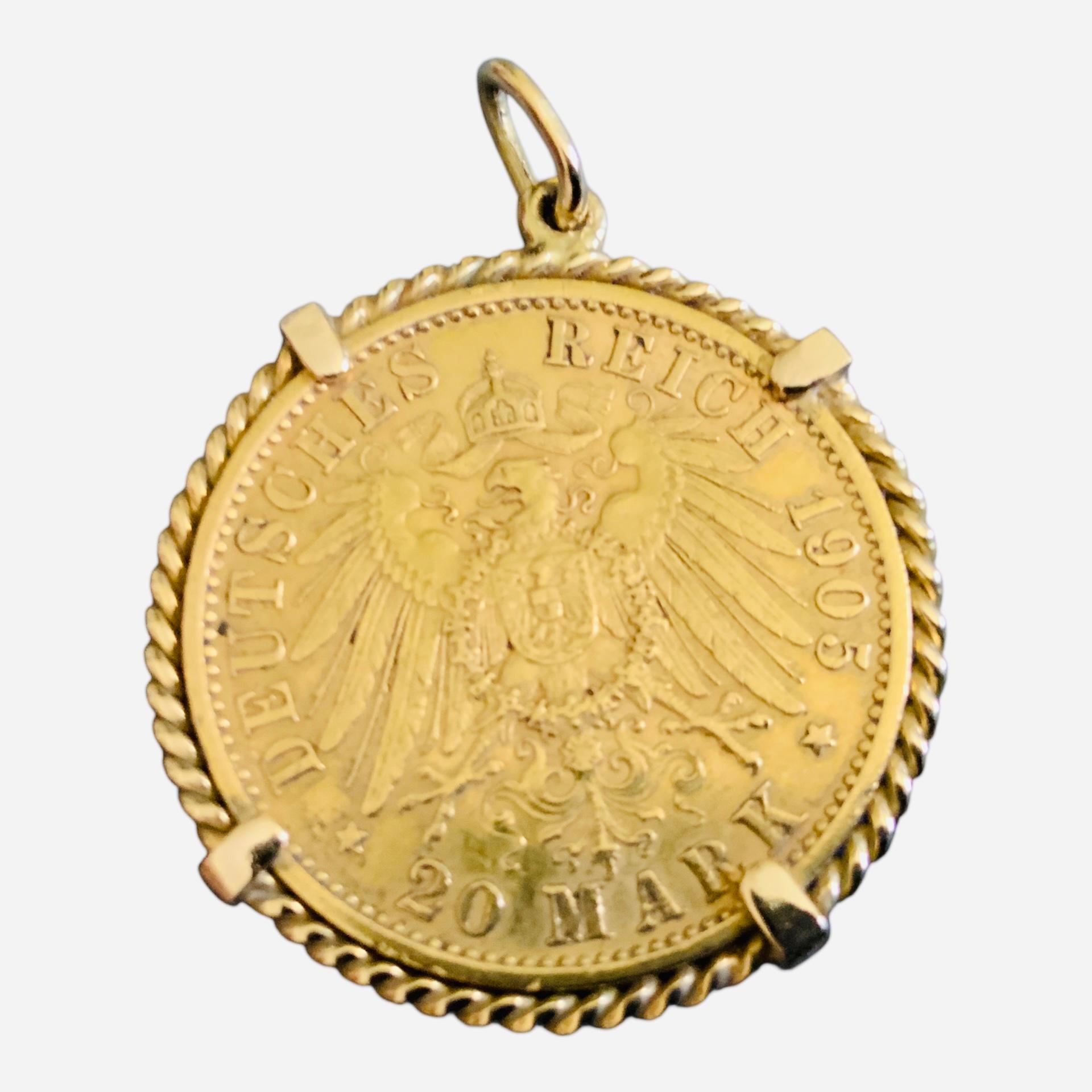 22K Gold Deutsches Reich 1905 20 Mark Coin Gemmed Numari Pendant For Sale 4