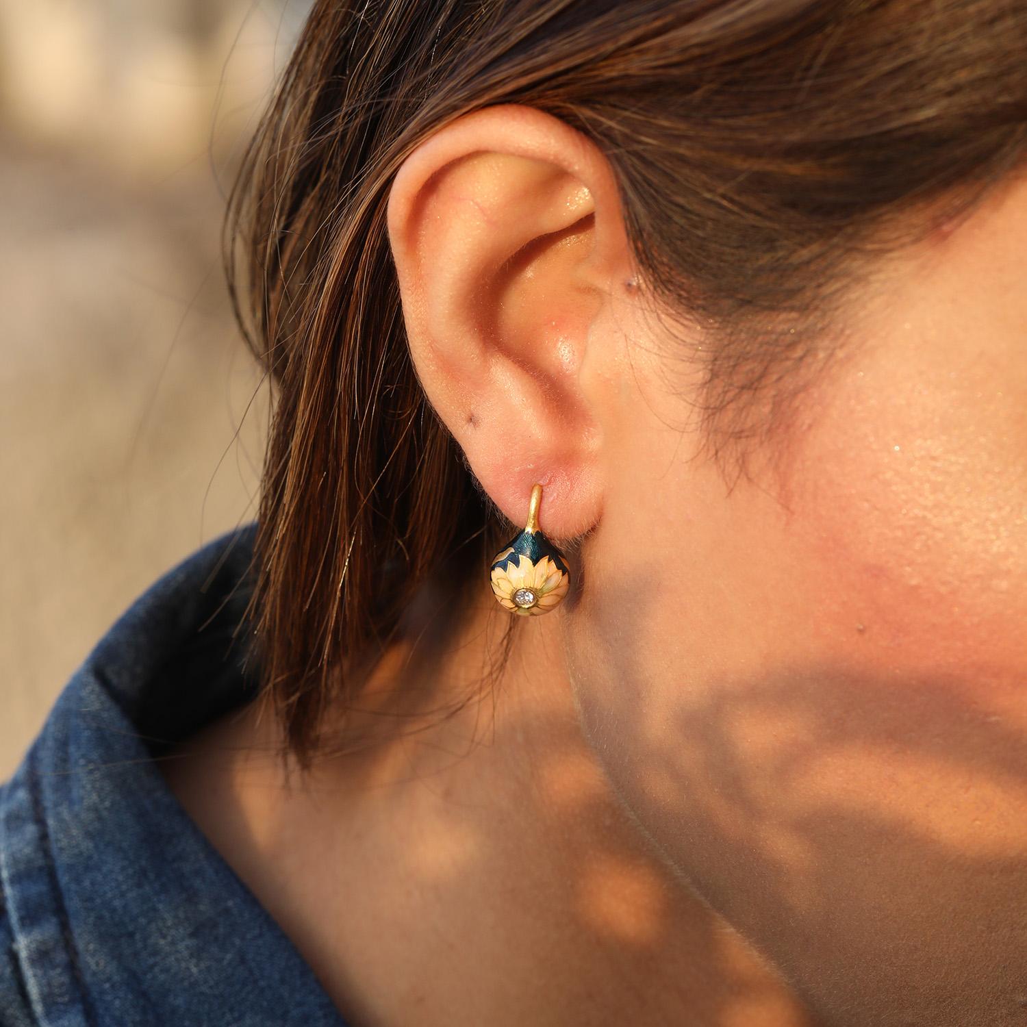 Artisan 22K Gold Diamond & Blue Floral Enamel Mismatch Drop Earrings Handmade by Agaro For Sale